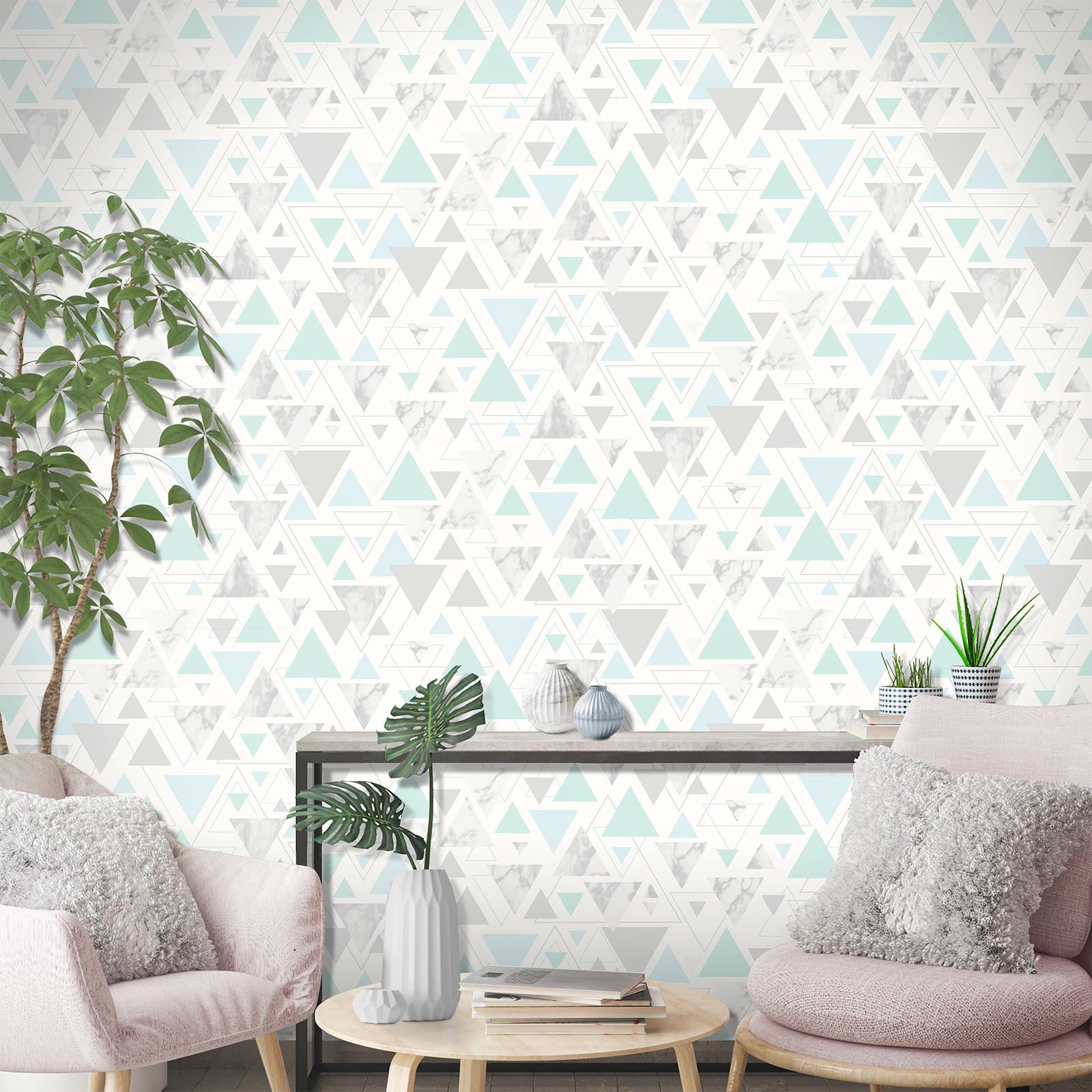 DEBONA CHANTILLY MARBLE GEOMETRIC TRIANGLE WALLPAPER 5015 TEAL / GREY