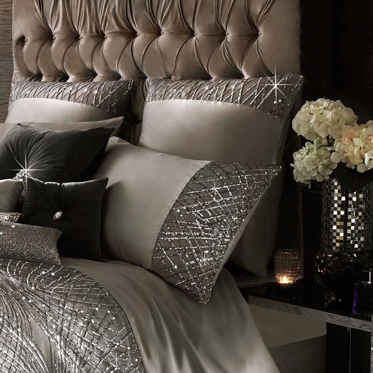 KYLIE MINOGUE ESTA SILVER BEDDING LUXURIOUS DUVET COVERS, PILLOWCASES