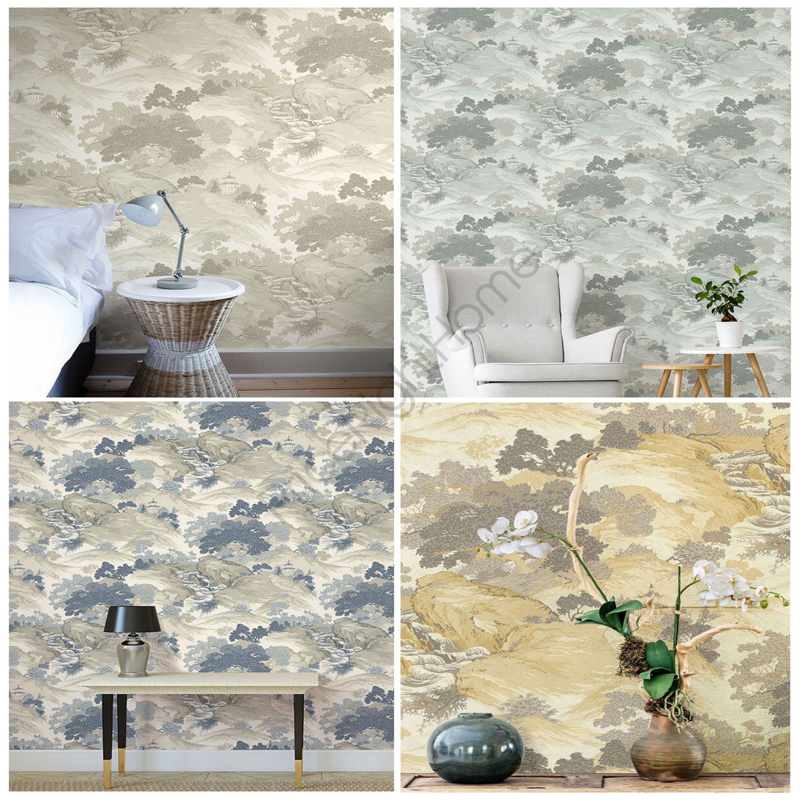 CROWN ARCHIVES ORIENTAL LANDSCAPE WALLPAPER BLUE YELLOW ...