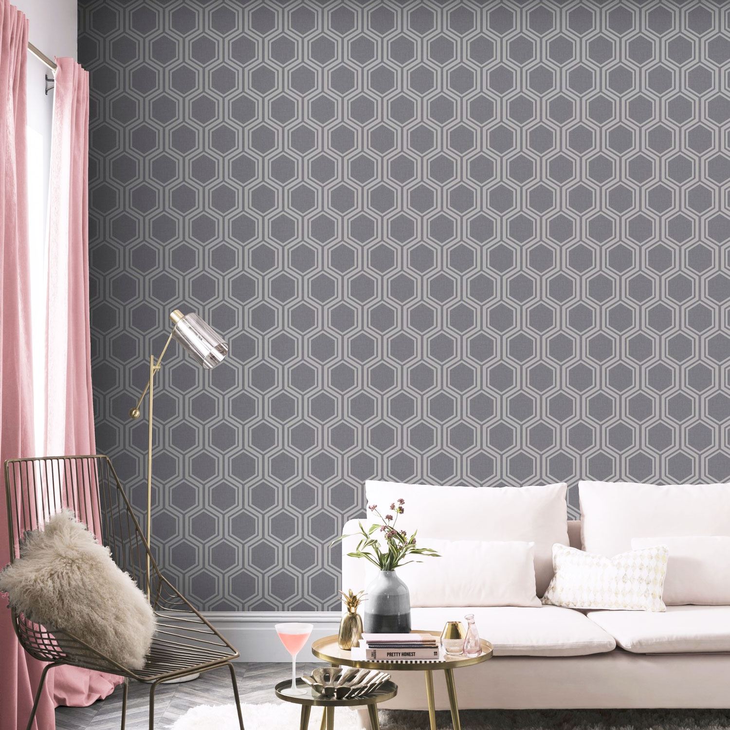 ARTHOUSE LUXE RANGE WALLPAPER STRIPE, HEXAGON, TEXTURE, BLUSH, SILVER