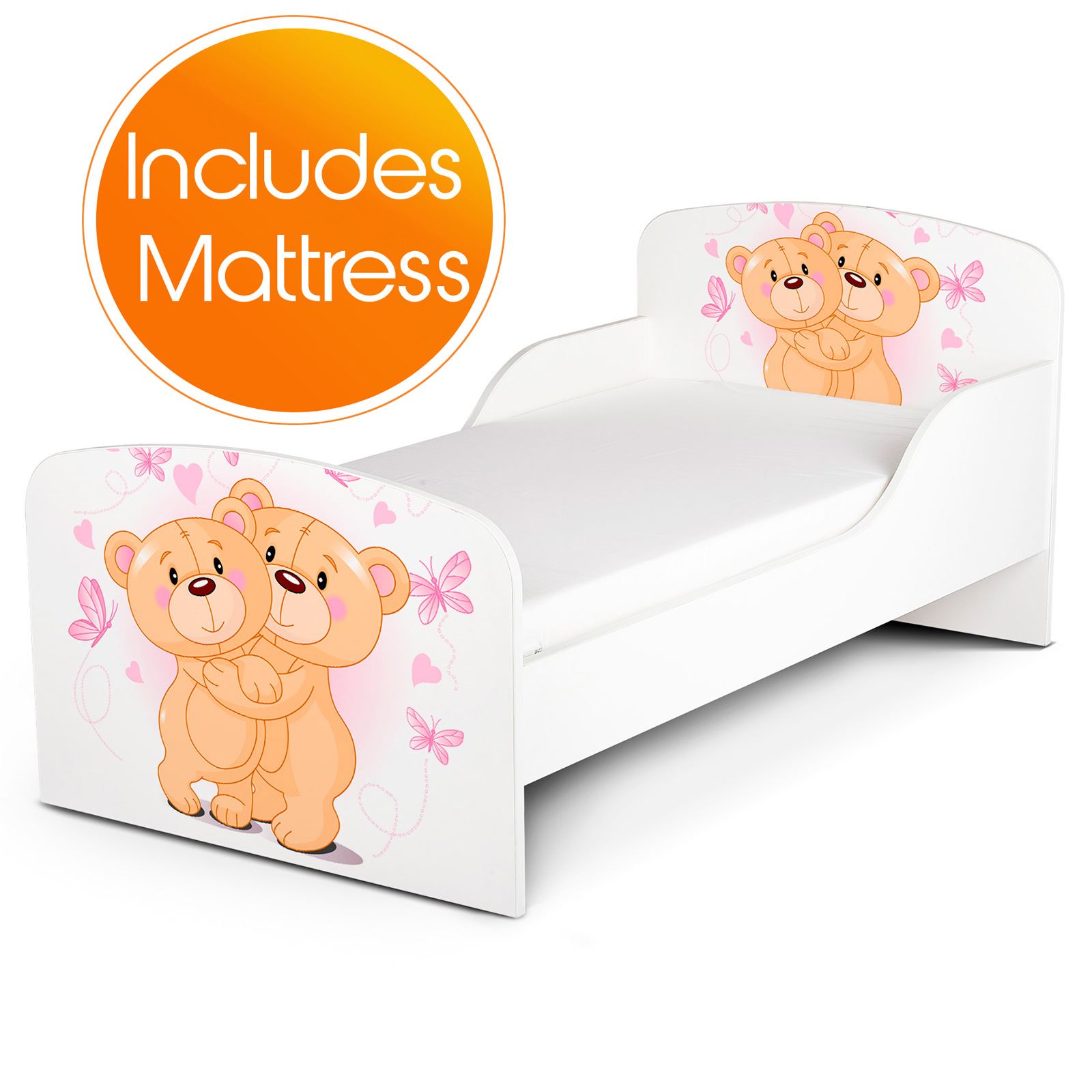 Teddy Bear Hug Toddler Bed + Fibre Mattress Childrens Cotbed With Side