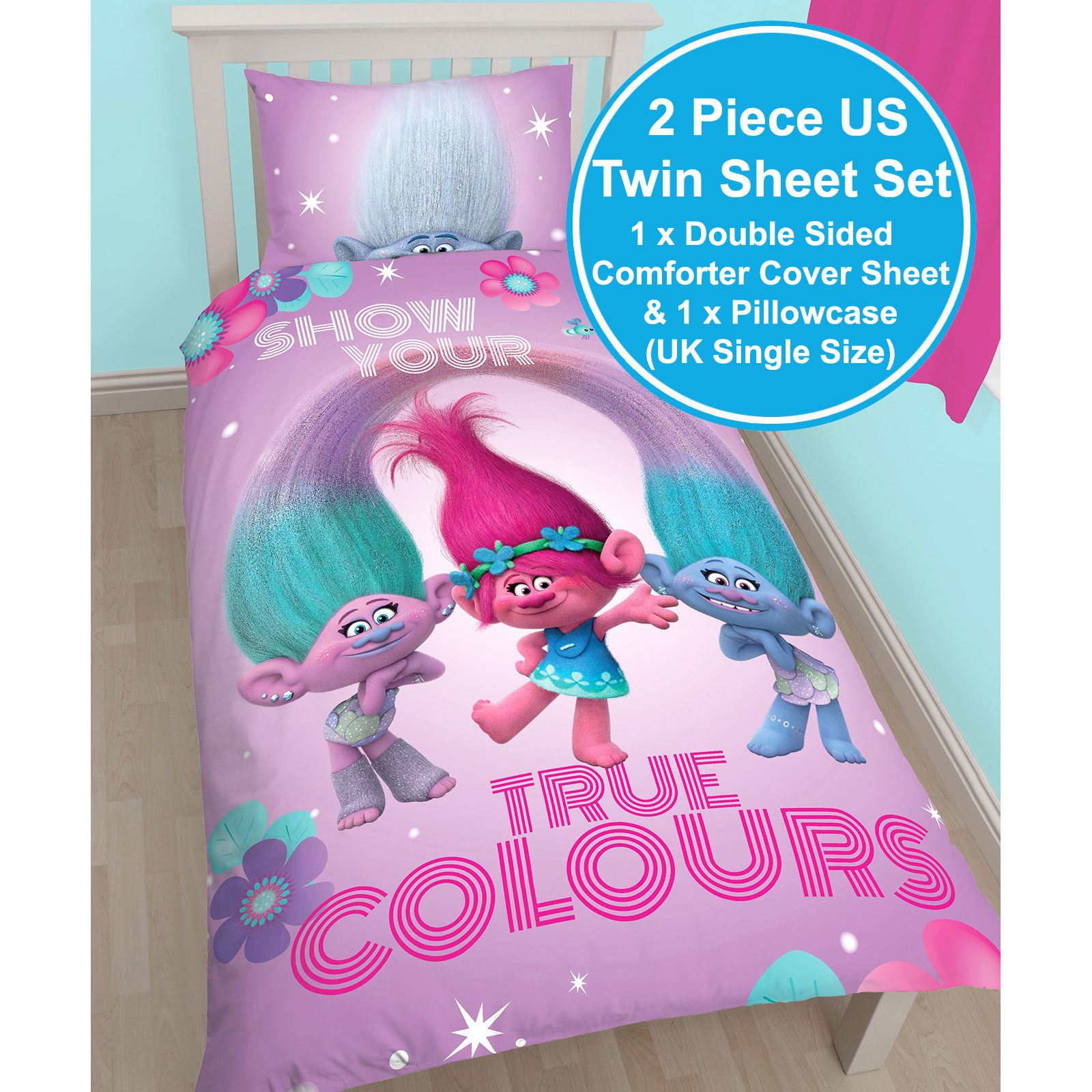 Trolls Glow Rideau Set 66/" X 72/" Childrens