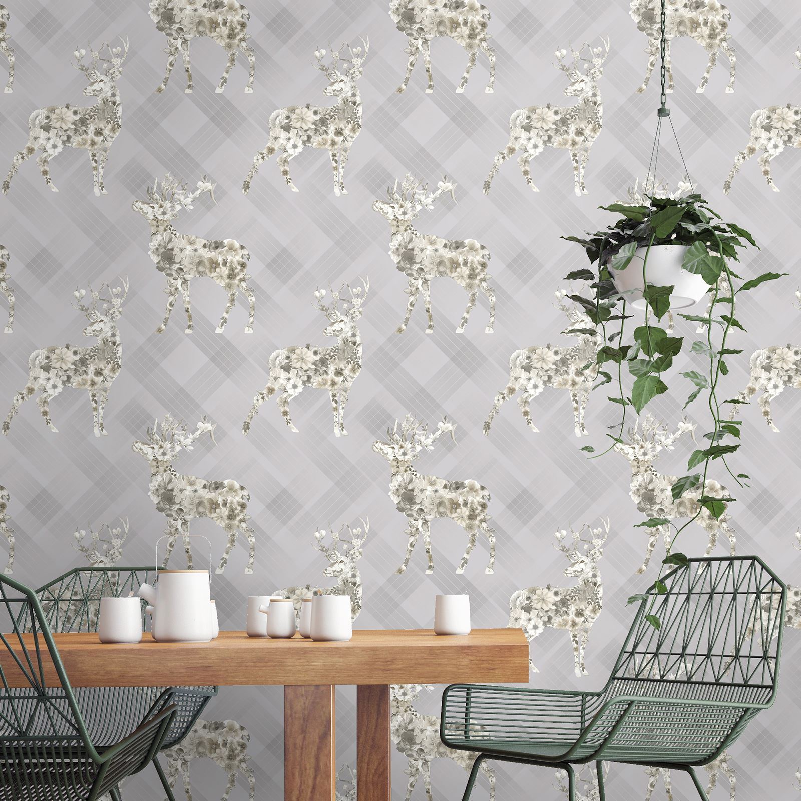 STAG WALLPAPER FLORAL NATURE FEATURE WALL GREY eBay