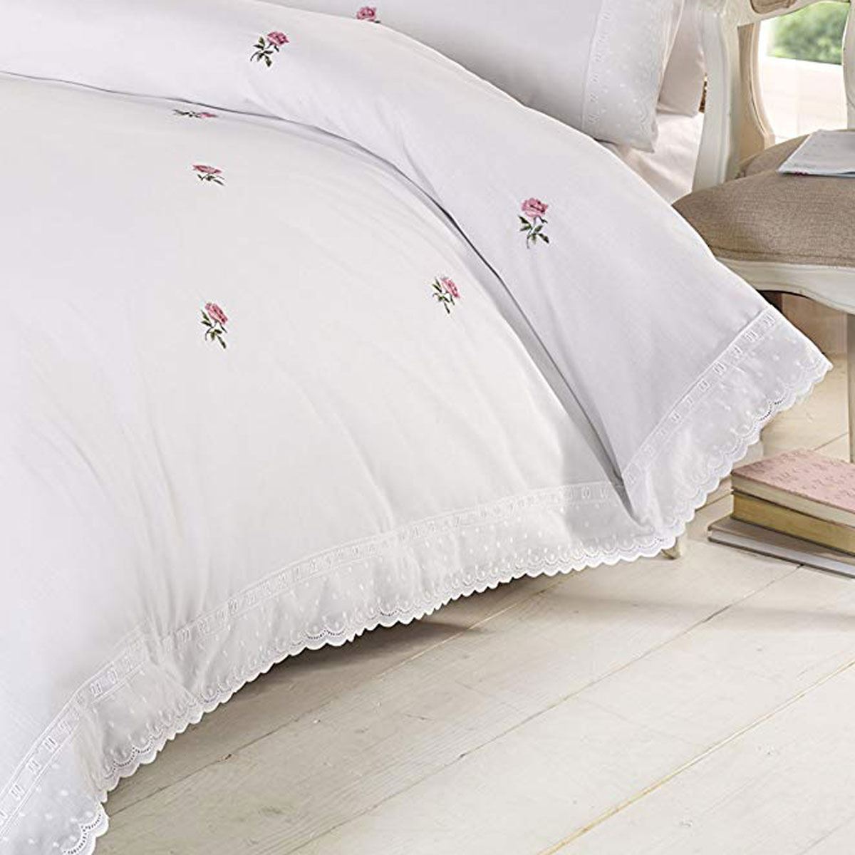 ALICIA FLORAL WHITE / PINK DOUBLE DUVET COVER SET EMBROIDERED BEDDING