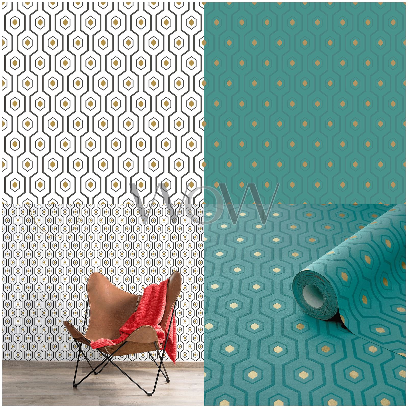 Grandeco Ashton Geometrische Tapete - Weiß/Gold, Blaugrün / Gold