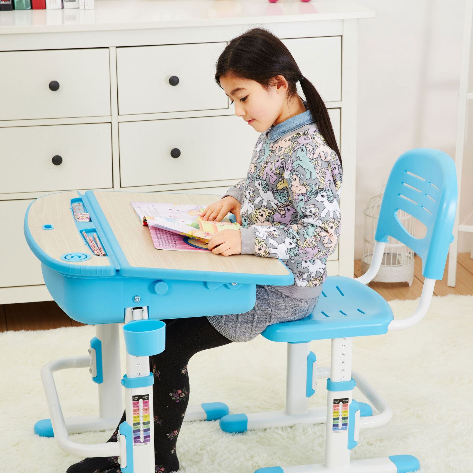 ERGONOMIC DESK & CHAIR BLUE NEW KIDS FURNITURE HOMEWORK SCHOOL