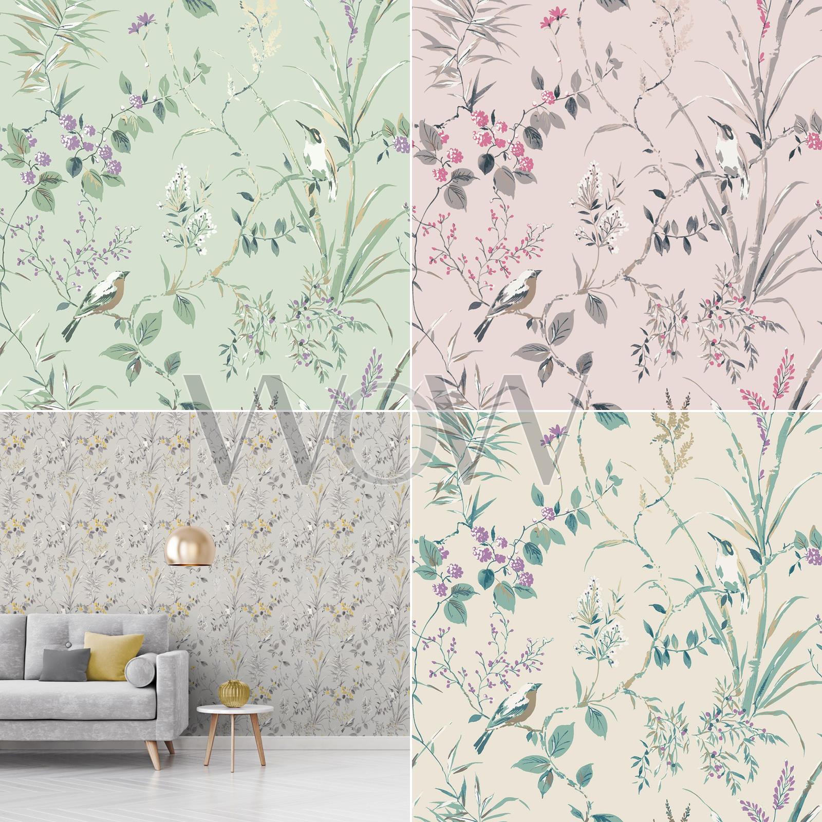 Mariko Bird Floral Wallpaper Branch Trail Metallic Natural M1554 Crown