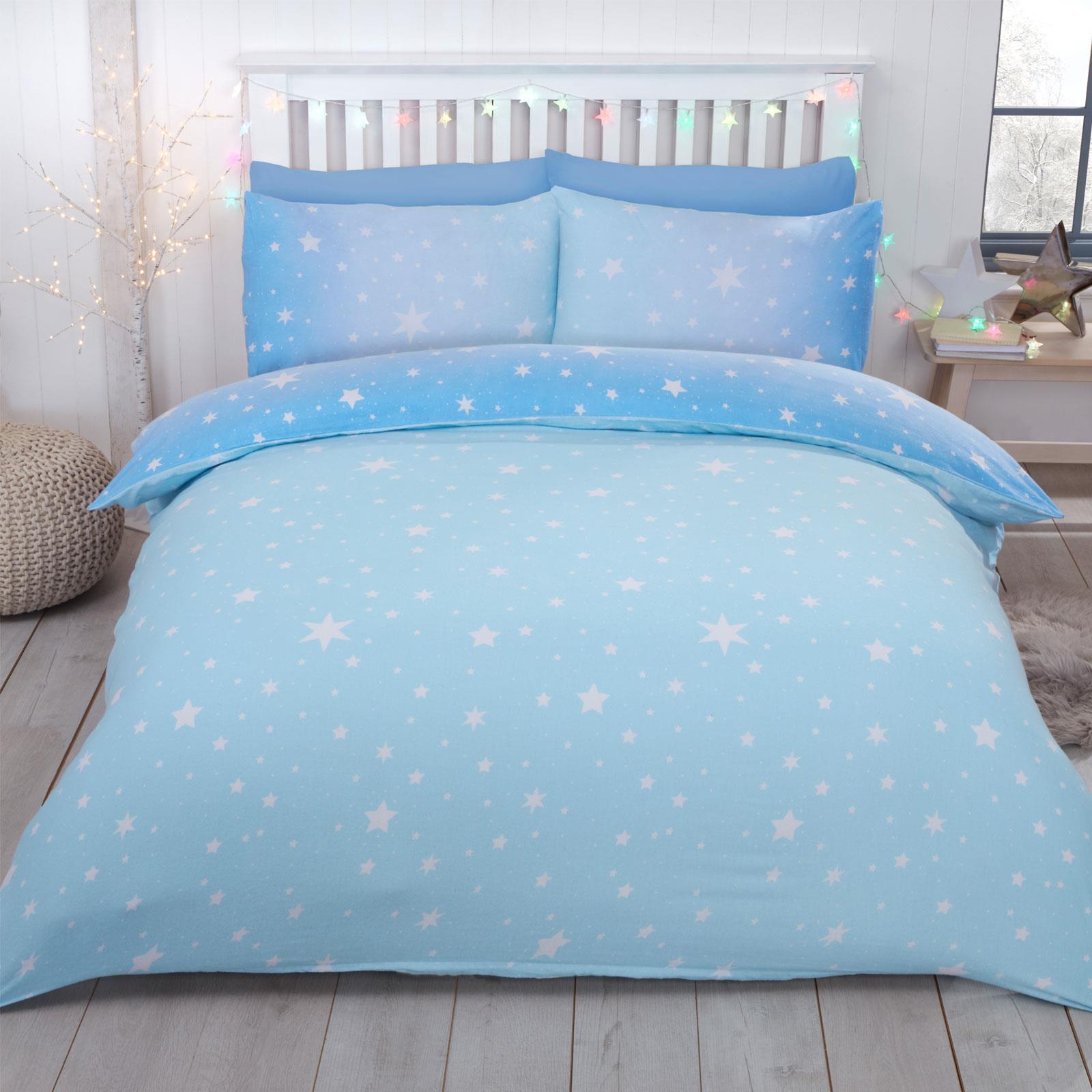 Starburst Brushed Cotton Double Duvet Set Ice Blue Reversible Cotton