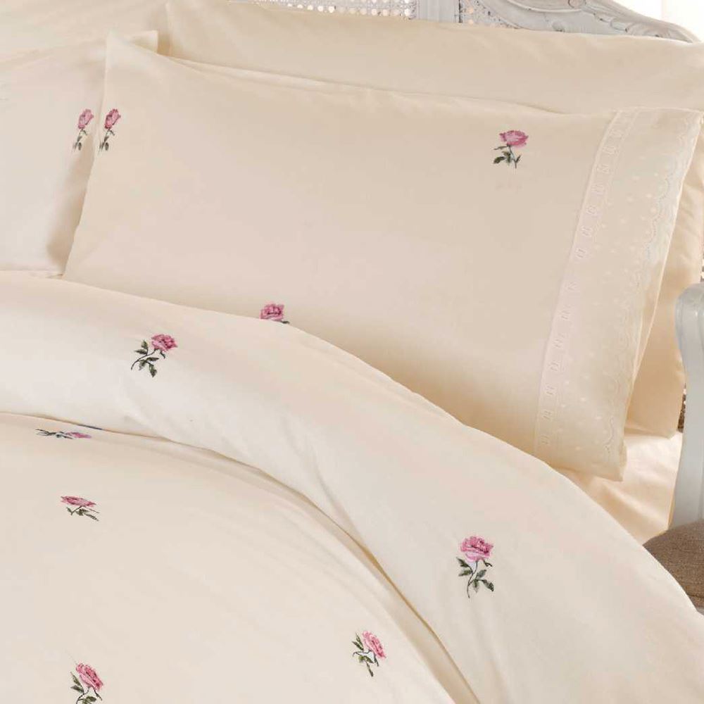 ALICIA FLORAL CREAM / PINK SINGLE DUVET COVER SET EMBROIDERED BEDDING