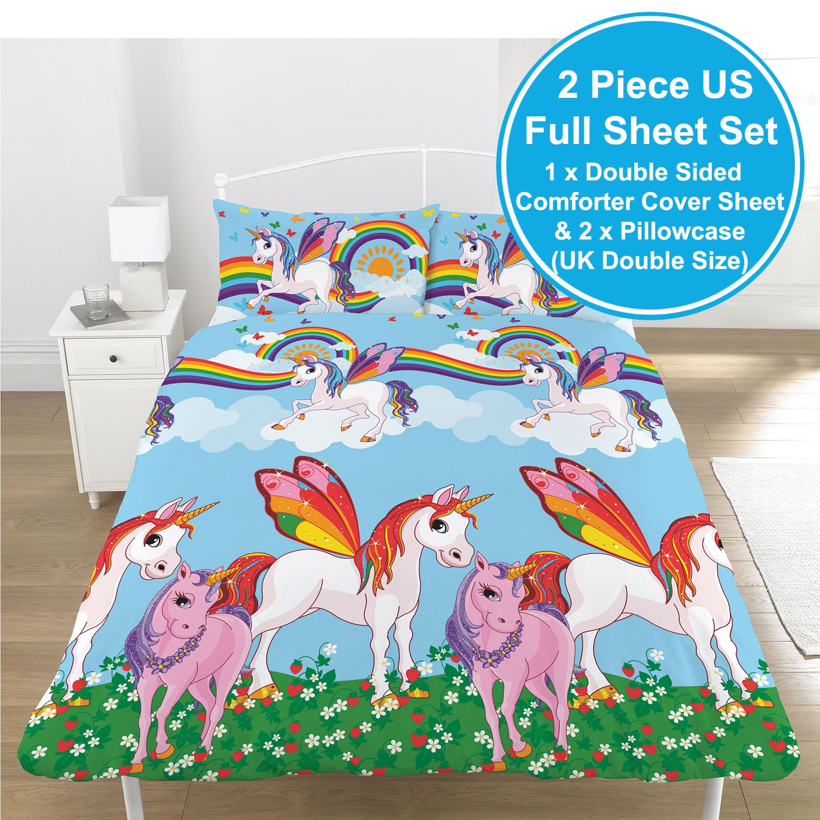 RAINBOW UNICORNS DUVET COVER SET SINGLE & DOUBLE, WALLPAPER PINK & BLUE GIRLS eBay