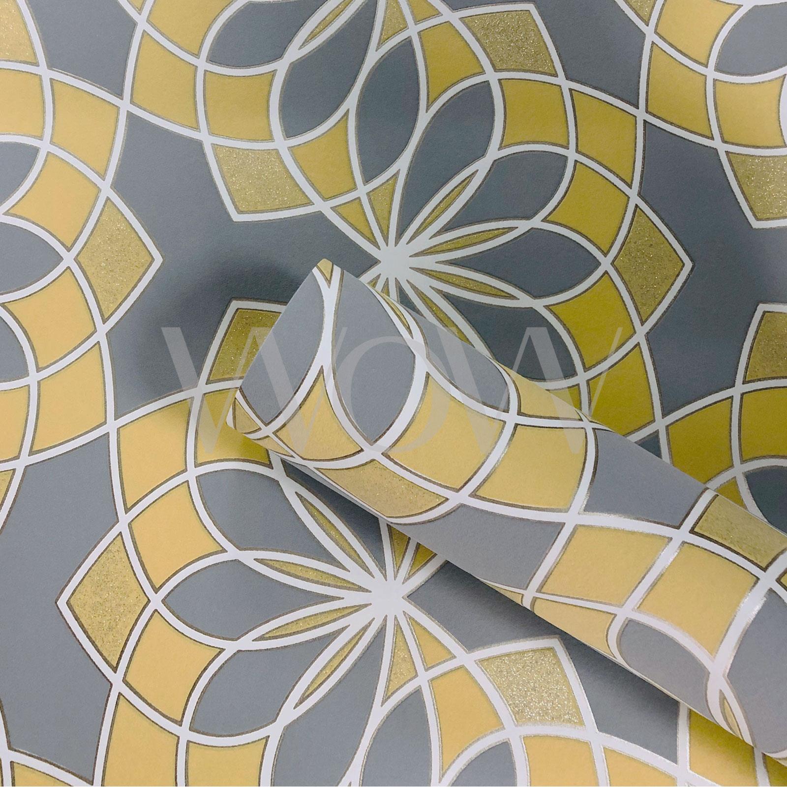 Scala Floral Spiro Geometric Wallpaper Grey and Yellow ...
