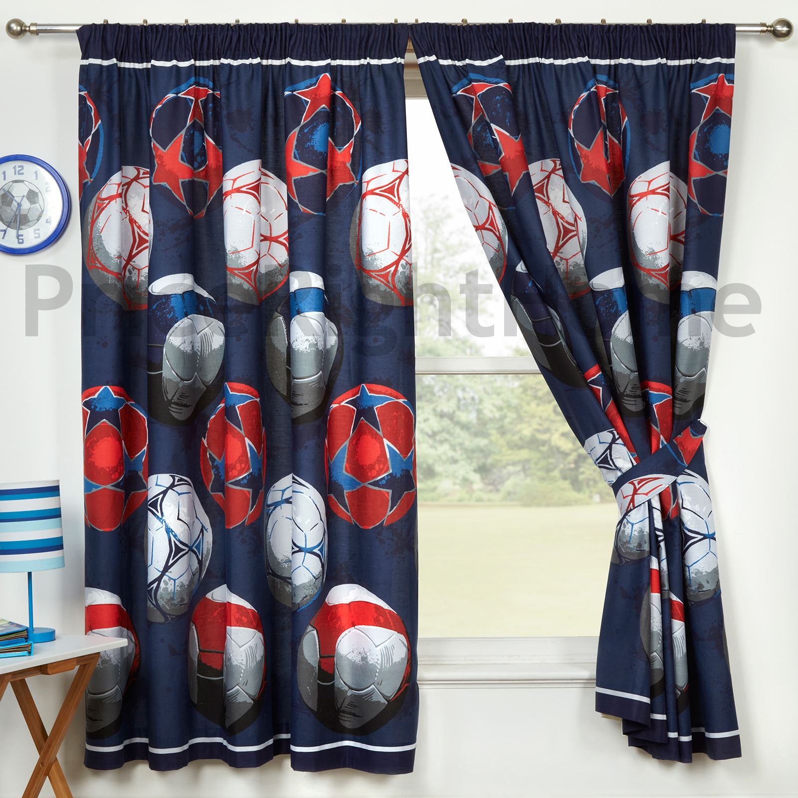 Blue Football Themed Fully Lined Curtains 66 X 54 Kids Boys
