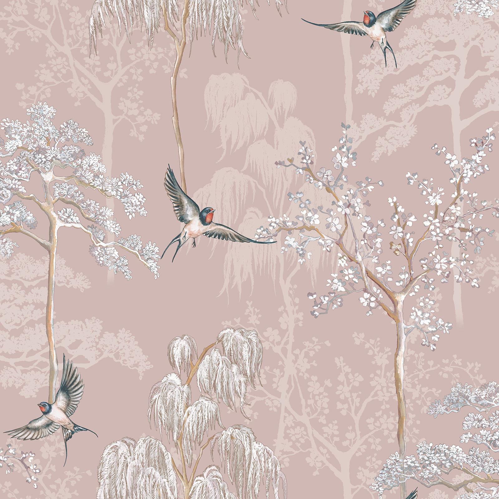 Arthouse Japanese Oriental Garden Wallpaper – Trees, Blossoms, Swallows, Birds – 5.3m Roll – Paste The Paper