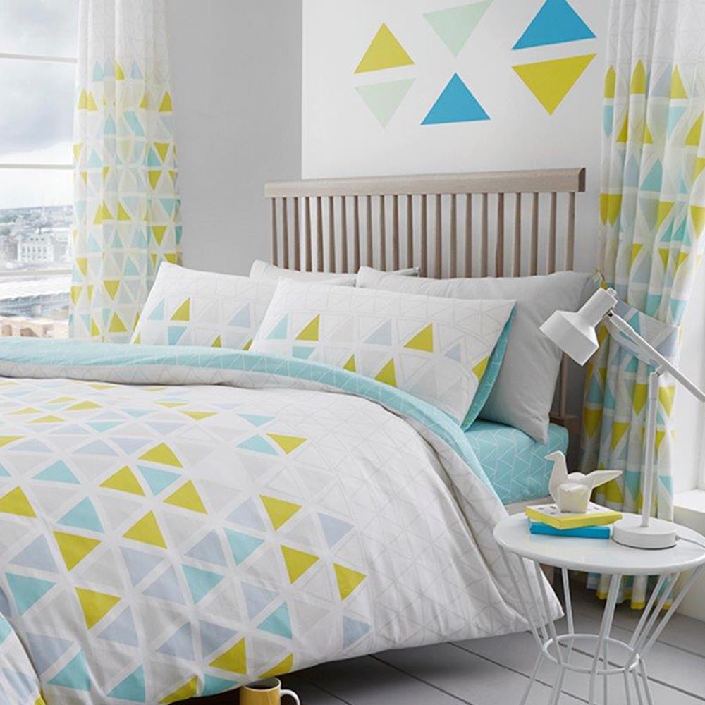GEO TRIANGLE SINGLE DUVET COVER SET GEOMETRIC BEDDING WHITE TEAL 2 IN