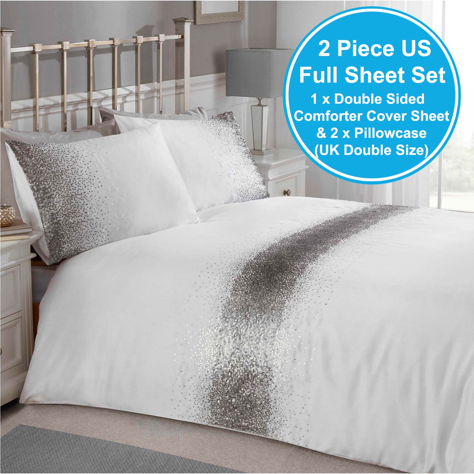 SHIMMER SEQUIN DOUBLE DUVET COVER SET WHITE SILVER BEDDING ADULTS NEW