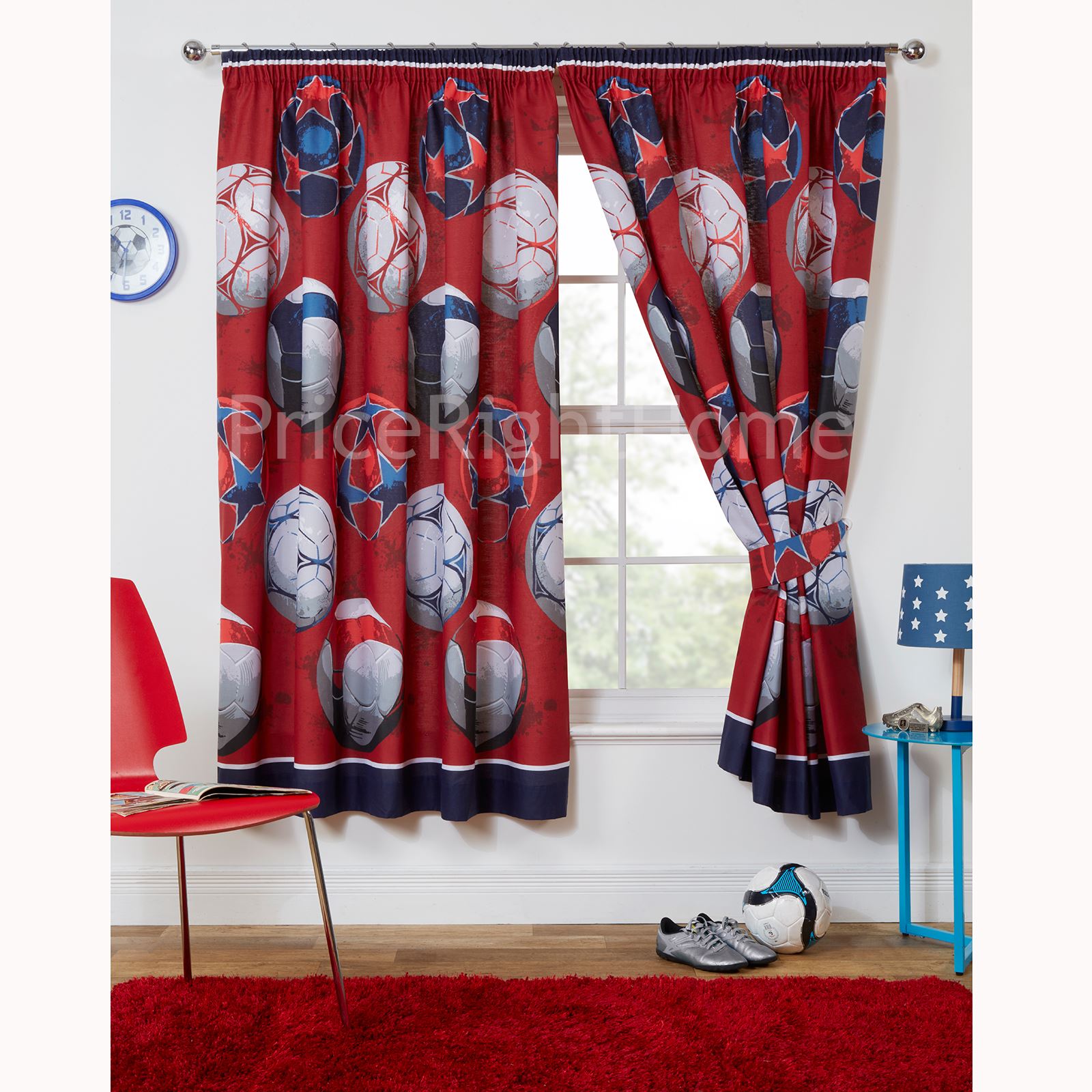 RED FOOTBALL LINED CURTAINS WITH TIE BACKS KIDS BOYS BEDROOM 54" & 72
