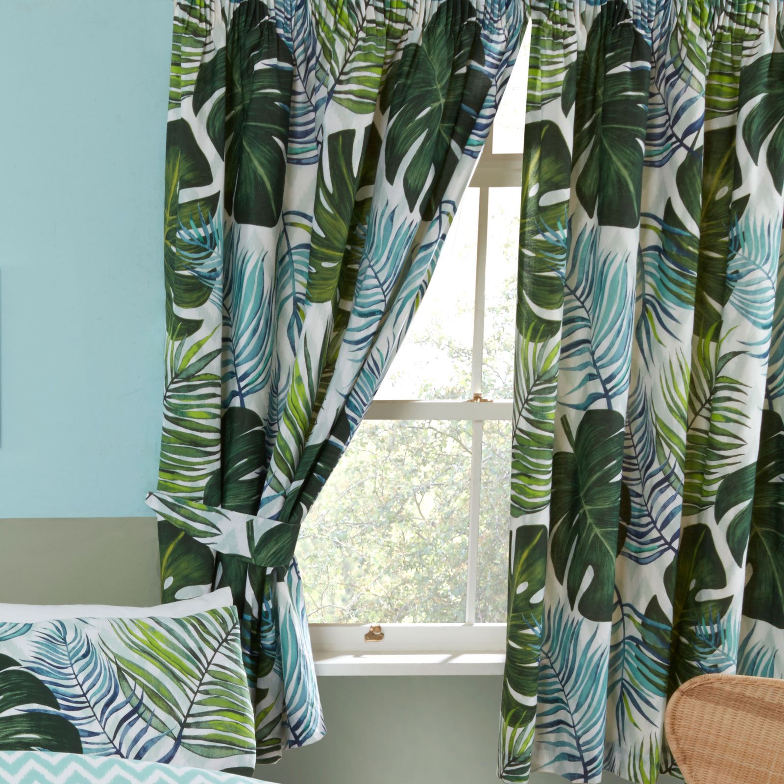 TROPICAL PALMS LEAF DUVET COVER SET SINGLE DOUBLE KING & CURTAINS