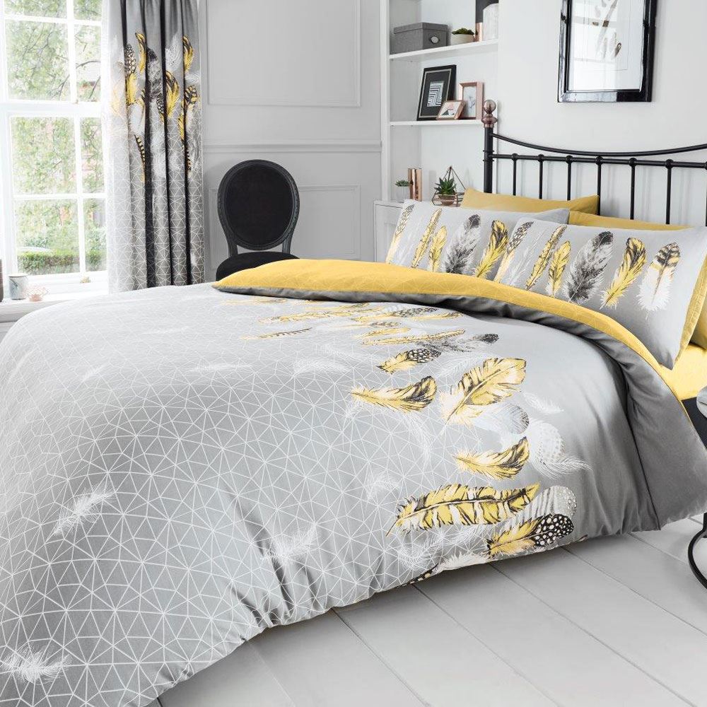 Geometric Feathers Duvet Cover Set Single Double King Grey Yellow