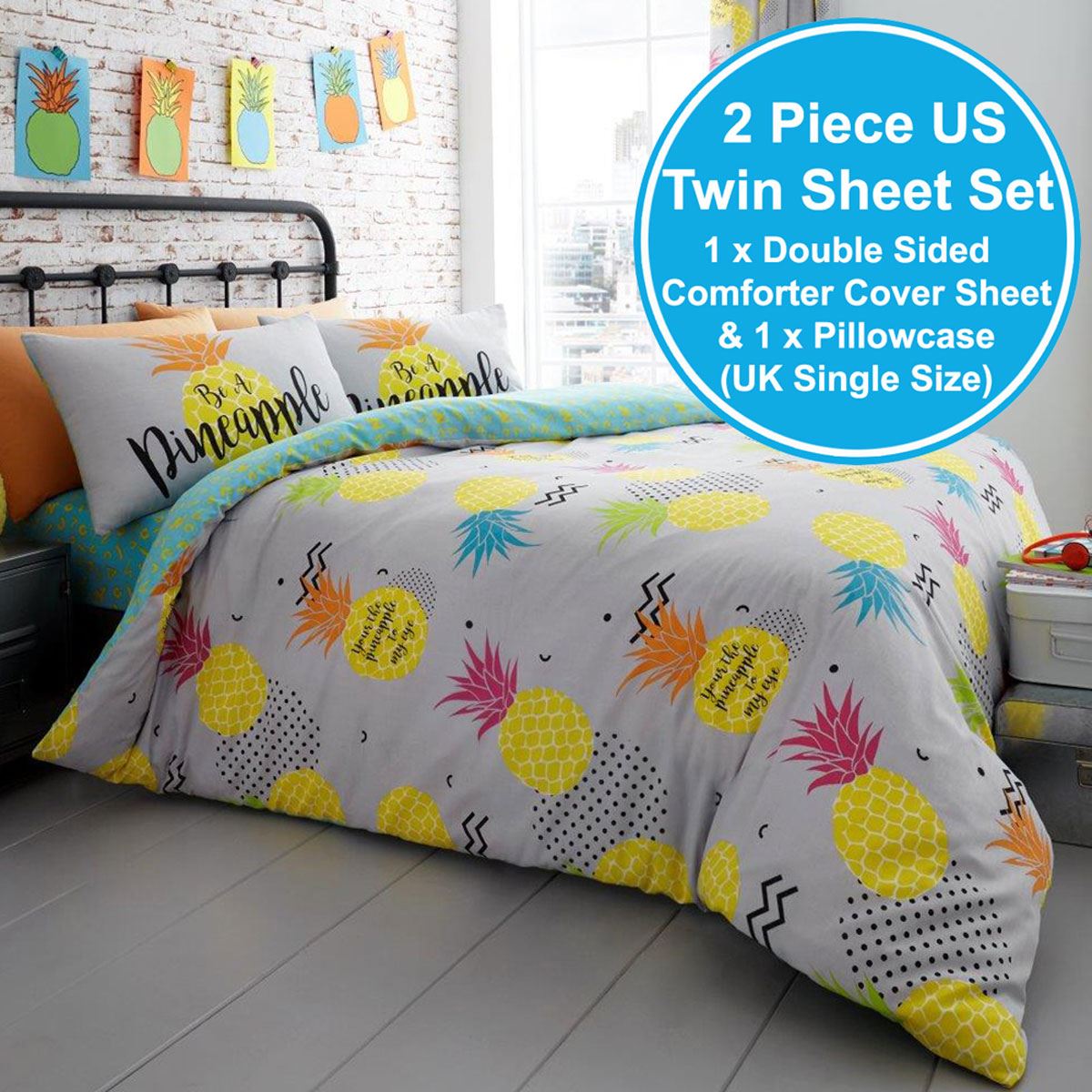 Ananas Reversible Bettwäsche Set Kinder Erwachsene Bettwäsche - Einzel