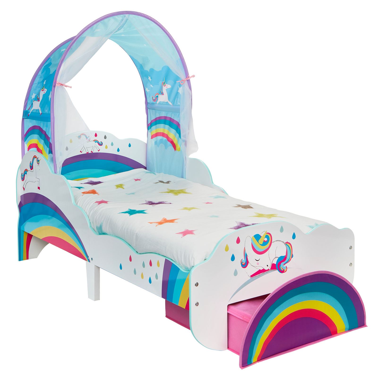 UNICORN RAINBOW TODDLER BED WITH STORAGE & CANOPY JUNIOR KIDS BEDROOM 5013138669587 eBay
