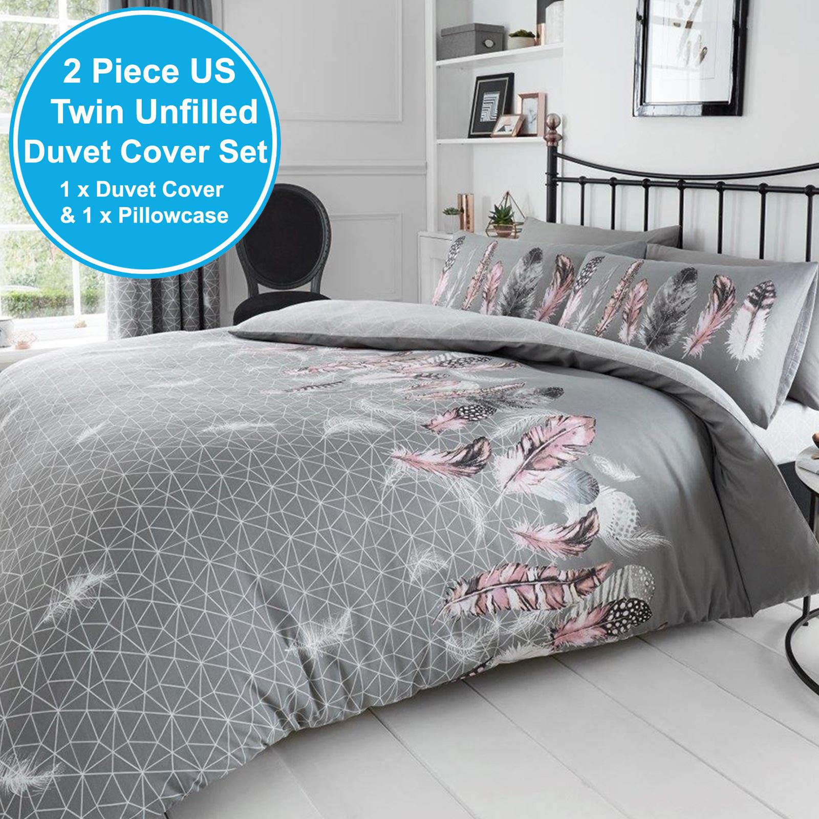 Geometric Feathers Duvet Cover Set Single Double King Grey Yellow