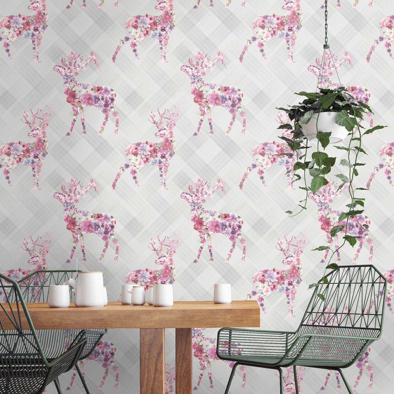 STAG WALLPAPER FLORAL NATURE FEATURE WALL GREY eBay