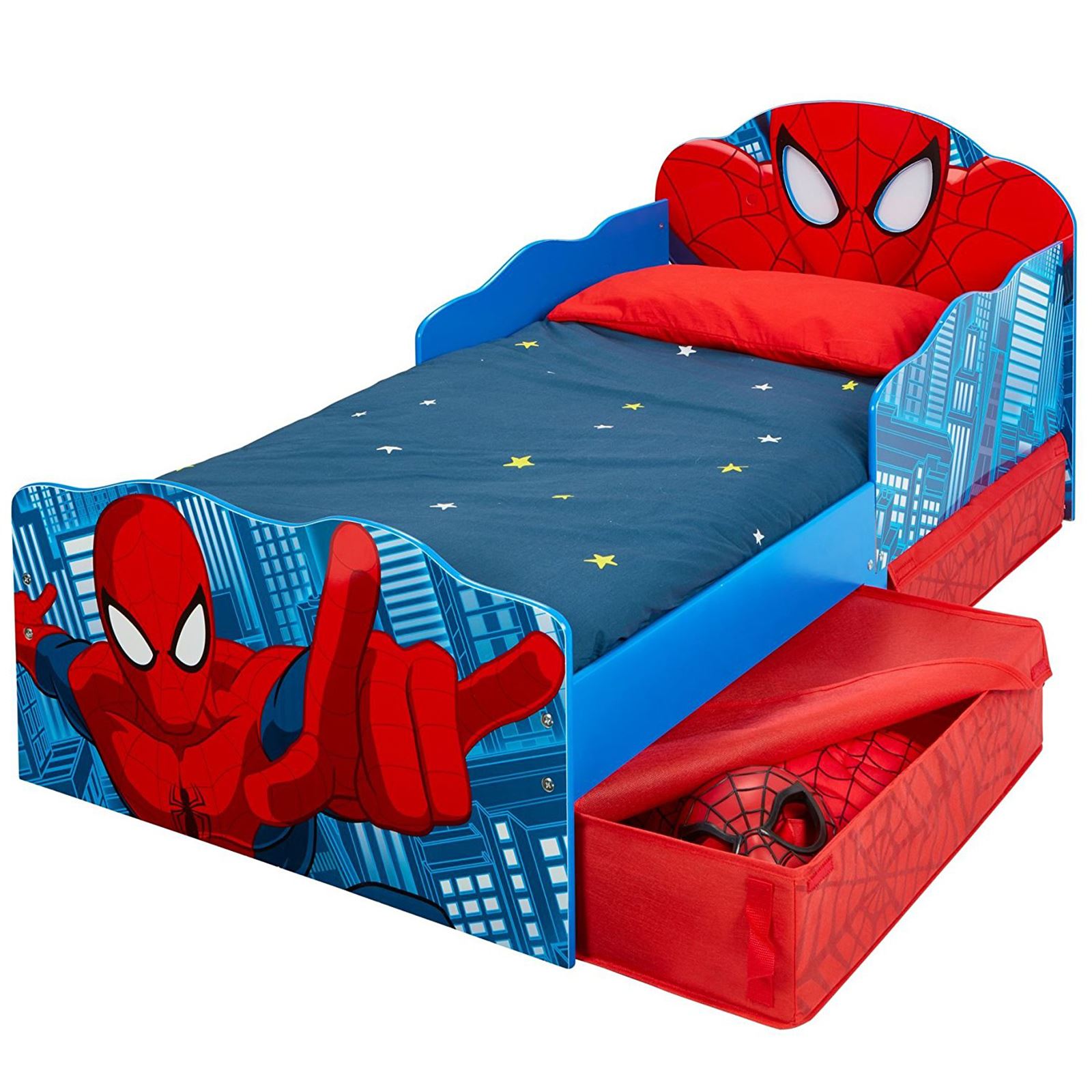 DELUXE FOAM MATTRESS OFFICIAL SPIDERMAN TODDLER BED WITH STORAGE LIGHT UP EYES
