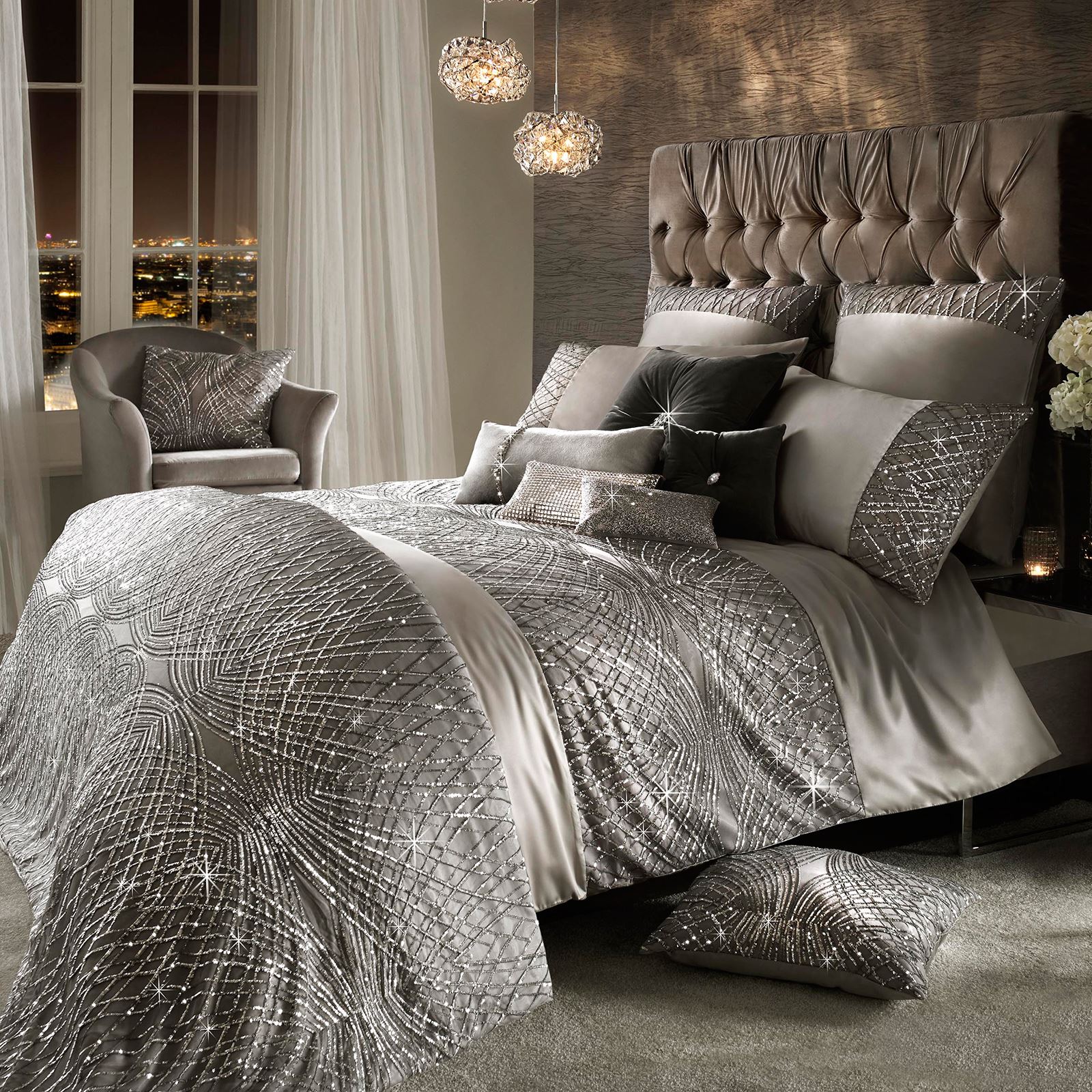 KYLIE MINOGUE ESTA SILVER BEDDING LUXURIOUS DUVET COVERS, PILLOWCASES