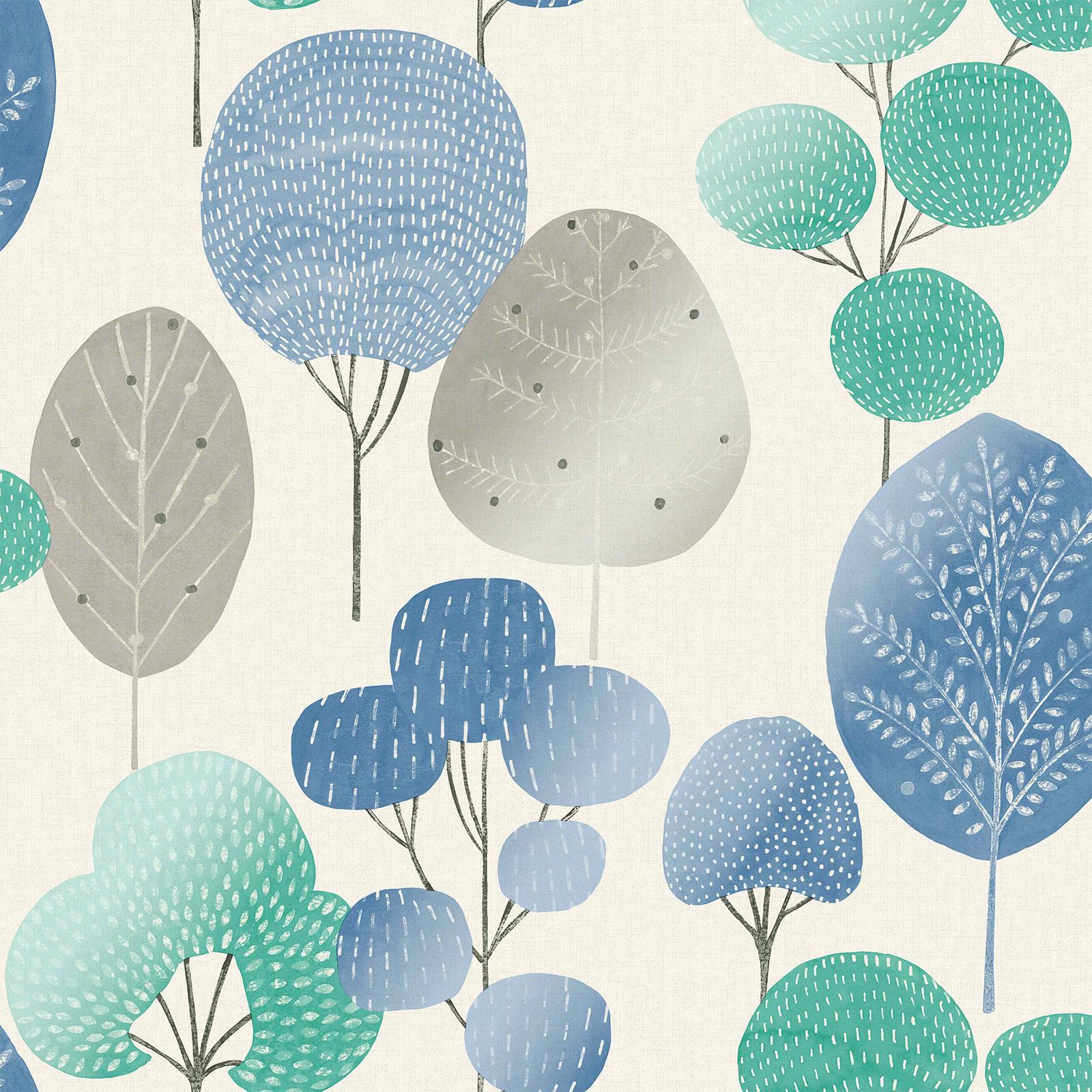 Crown Scandi Forest Metallic Trees Wallpaper Blue, Blush Pink