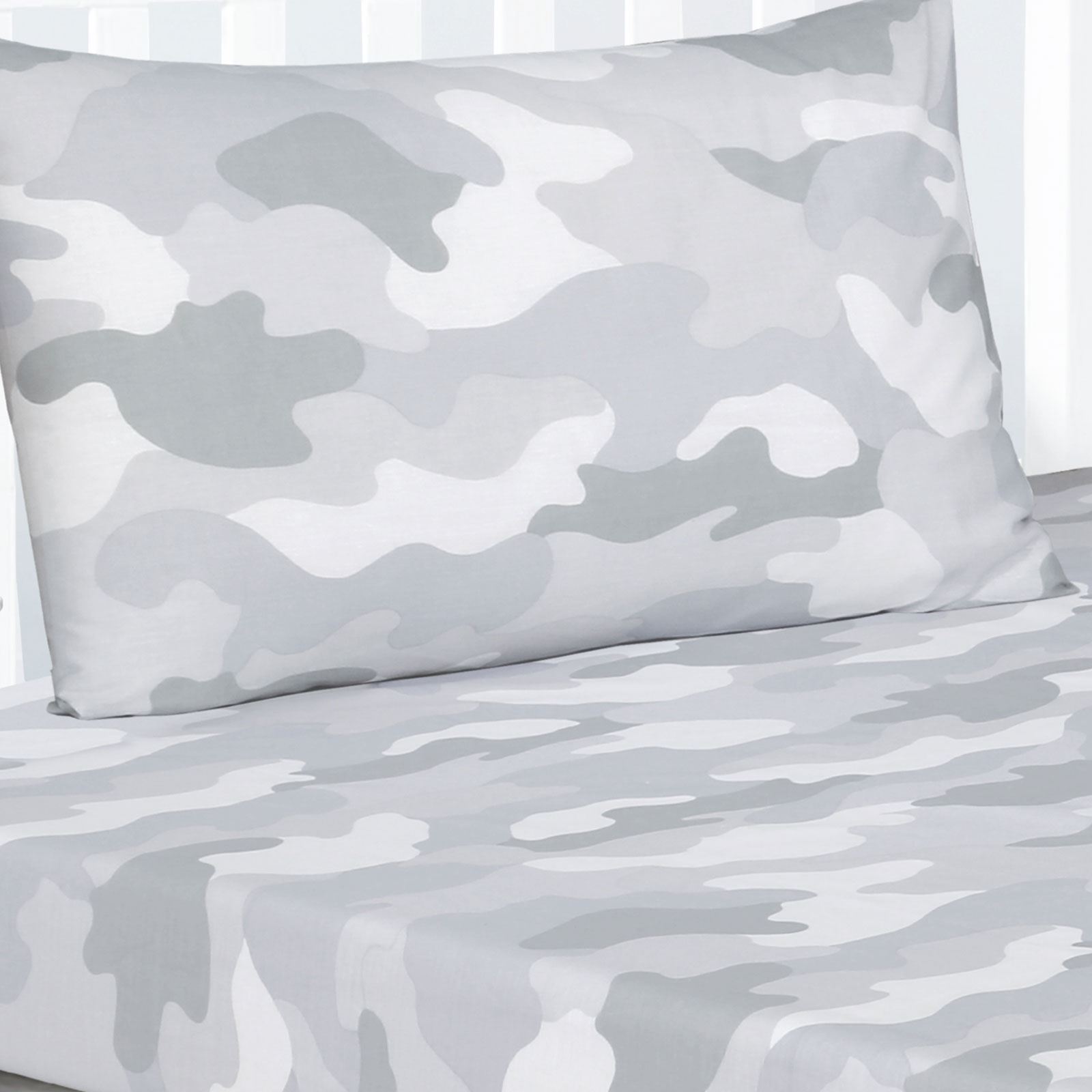 ARMY CAMOUFLAGE GREY SINGLE DUVET COVER SET + FITTED SHEET + 2