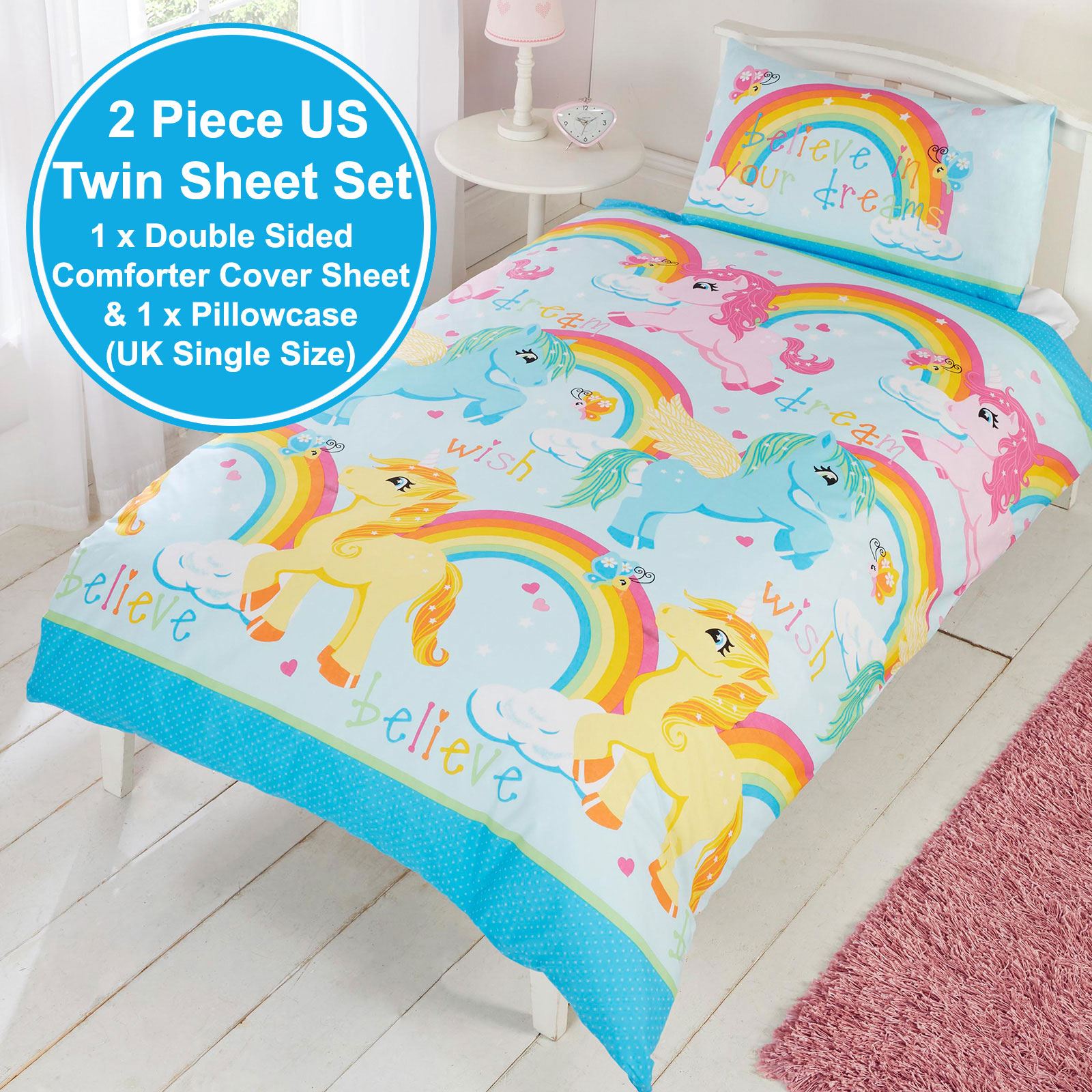 UNICORNS RAINBOWS COLOURFUL DOUBLE DUVET COVER SET KIDS BEDDING eBay