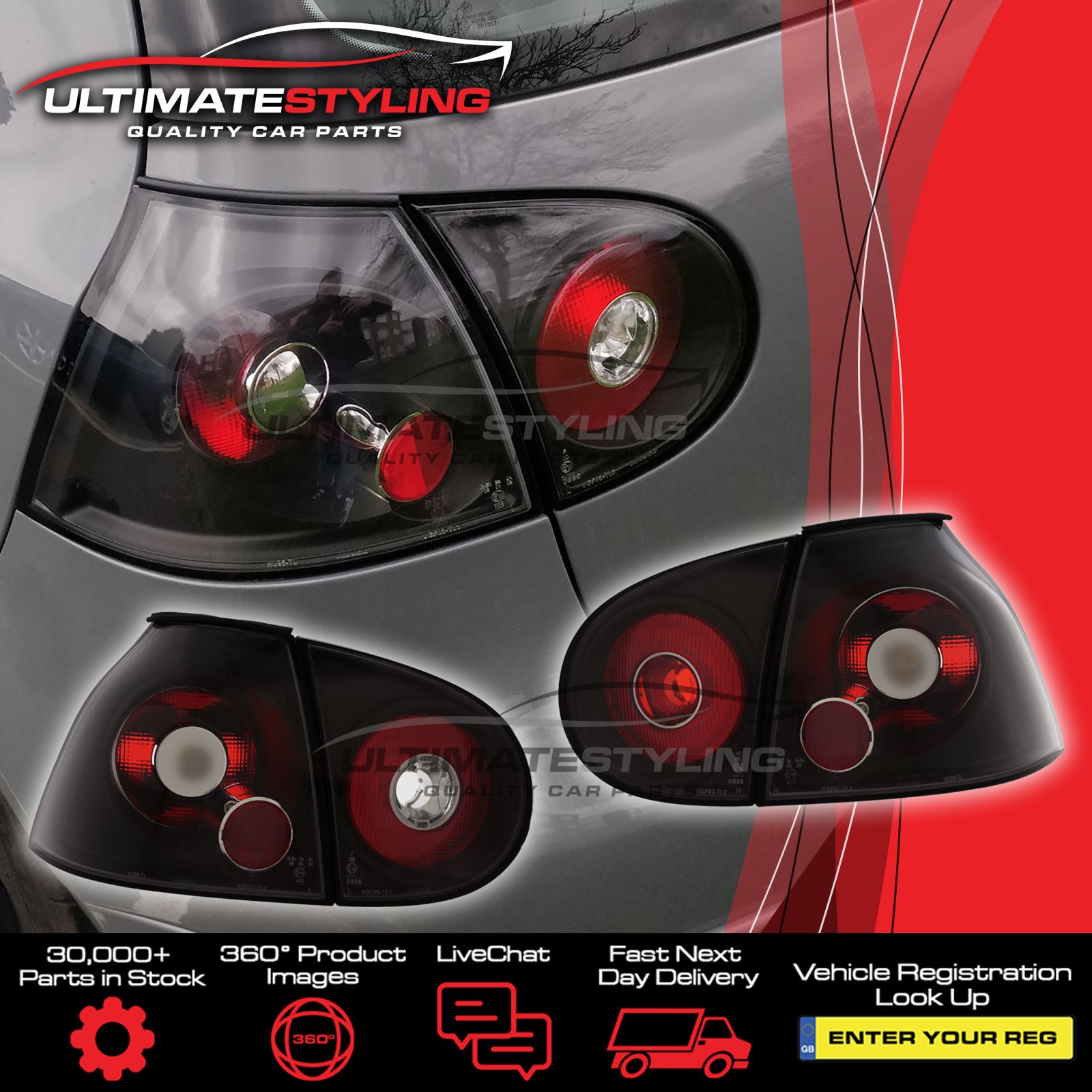 2009年式　ゴルフ5 ライテック　ブラック／スモークテールライト　左右セット VW Golf Mk5 Rear Back Lights Black Lexus Style Upgrade Custom Tail