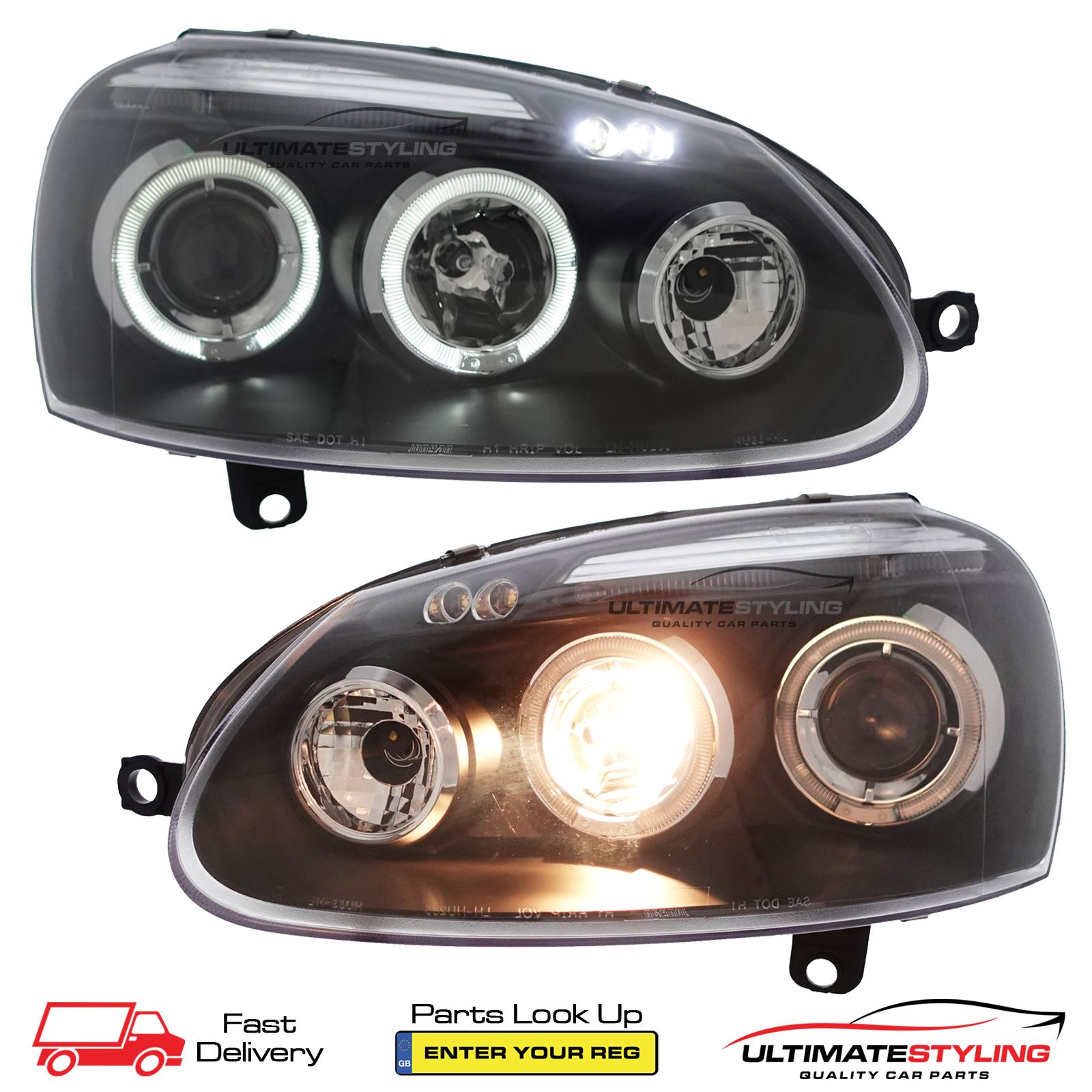 VW Golf Mk5 Headlights Twin Angel Eyes Black Projector Upgrade LED
