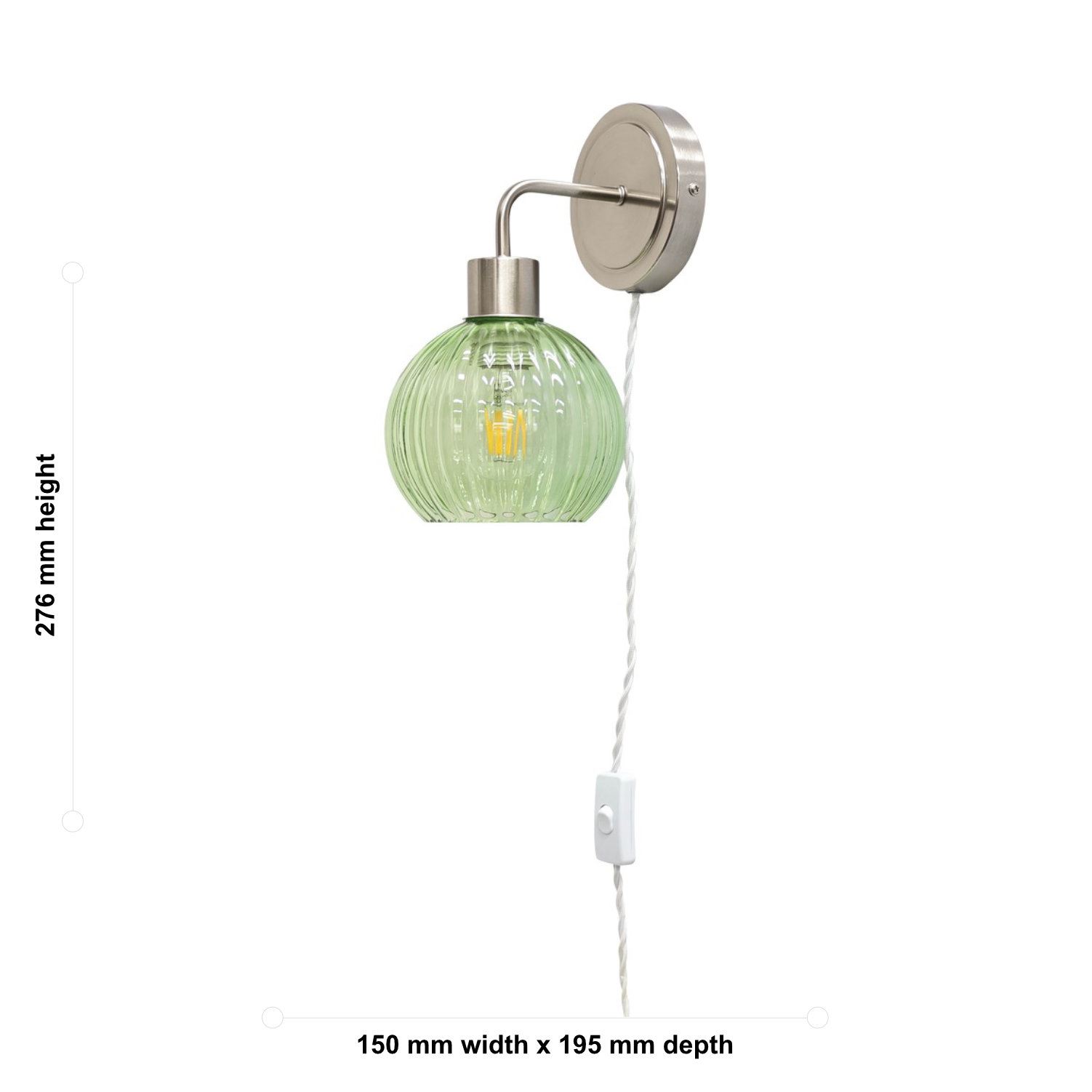Modern Bedside Plug in Wall Light Reading Lamp with Green Ribbed Glass Shade - Picture 21 of 21