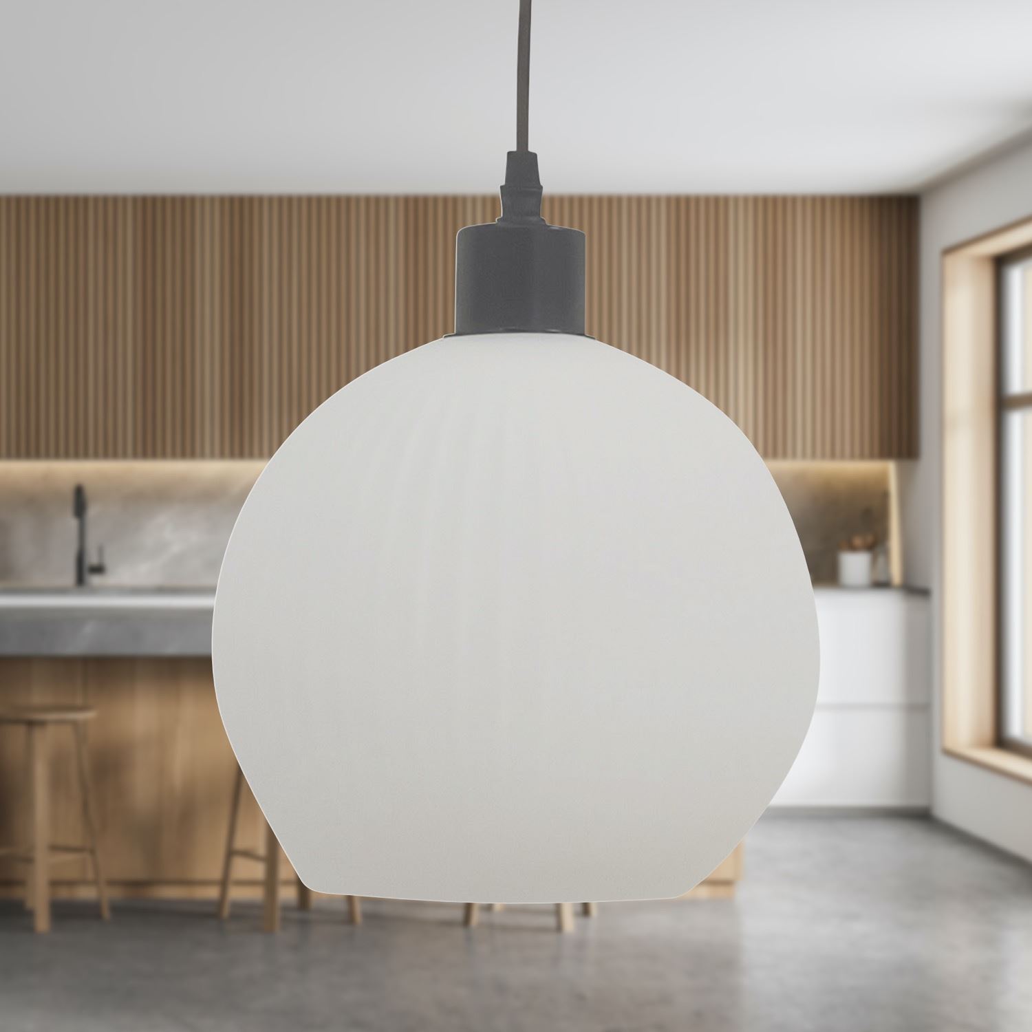 Modern White Ribbed Glass Globe Kitchen Dining Pendant Ceiling Light Fitting - Picture 4 of 33