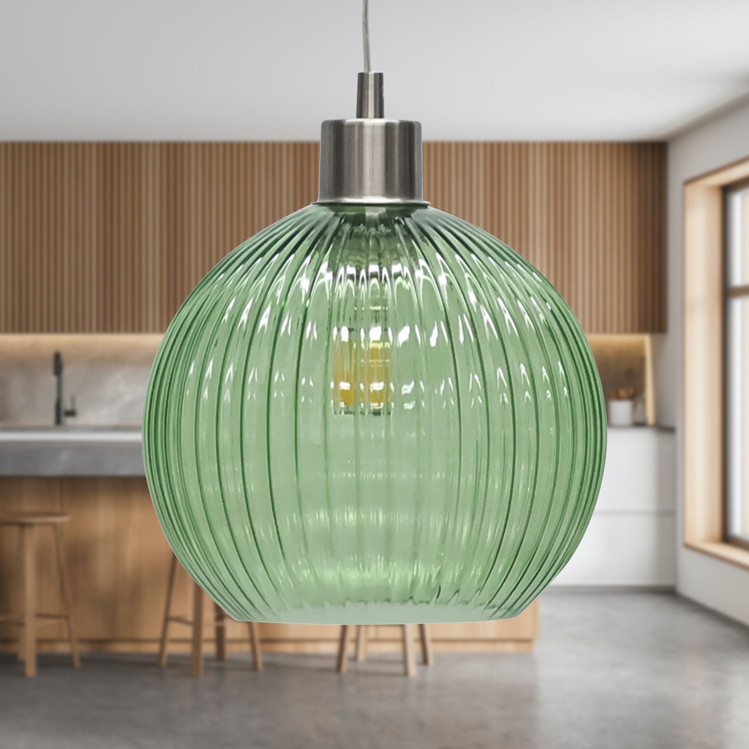 Modern Green Ribbed Glass Globe Kitchen Dining Pendant Ceiling Light Fitting - Picture 28 of 33