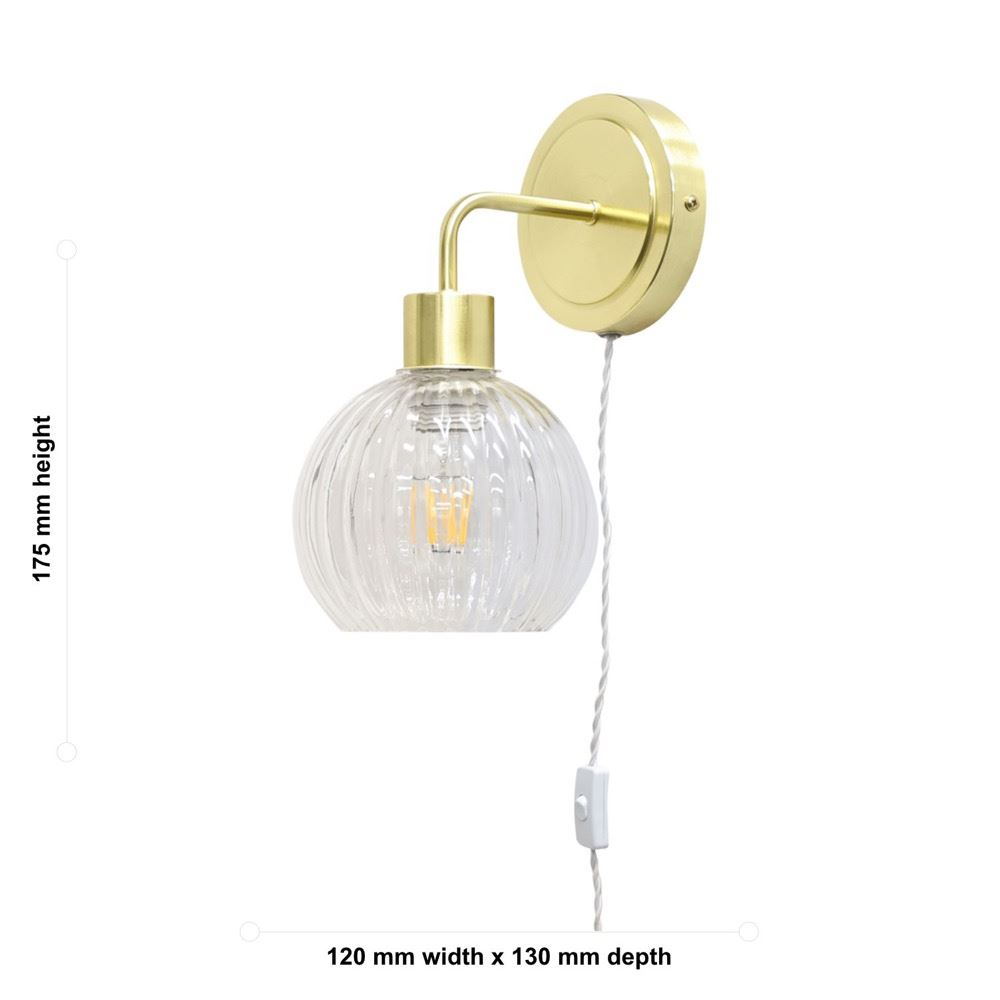 Antique Brass Bedside Plug in Wall Light Reading Lamp with Fluted Glass Shade - Picture 19 of 25