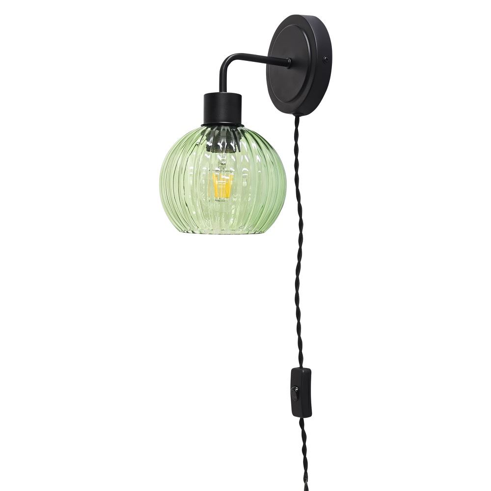 Modern Bedside Plug in Wall Light Reading Lamp with Green Ribbed Glass Shade - Picture 7 of 21