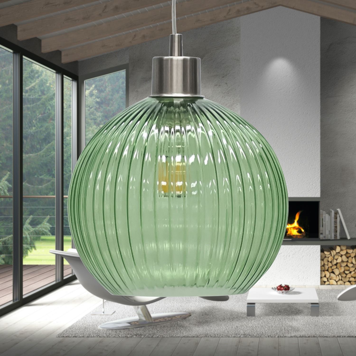 Modern Green Ribbed Glass Globe Kitchen Dining Pendant Ceiling Light Fitting - Picture 29 of 33