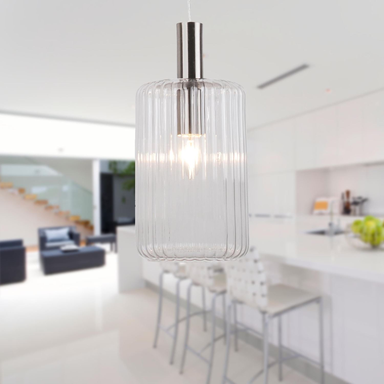 Ribbed Glass Design Ceiling Pendant Lights Kitchen Island Dining Light Fittings - Picture 17 of 25