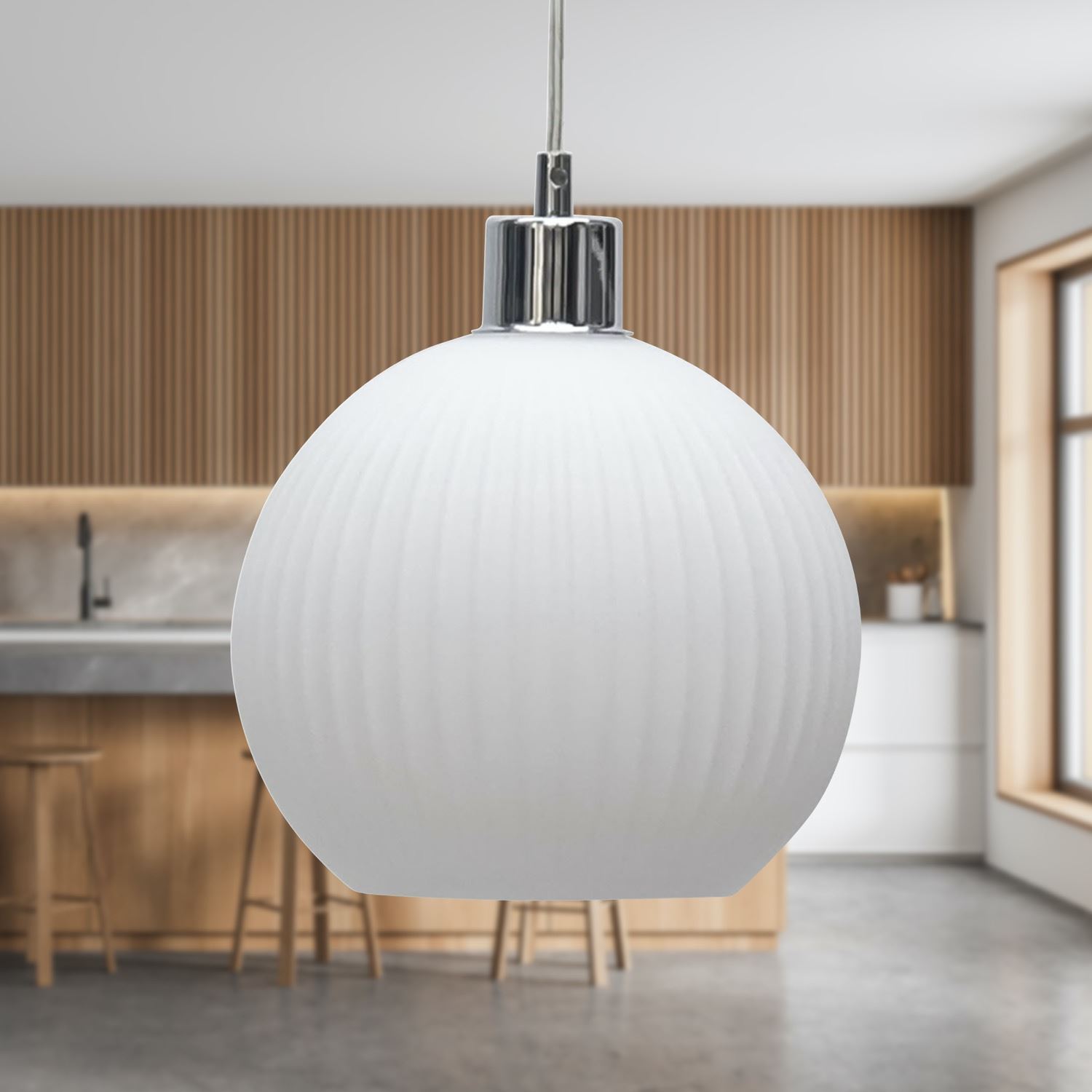 Modern White Ribbed Glass Globe Kitchen Dining Pendant Ceiling Light Fitting - Picture 12 of 33