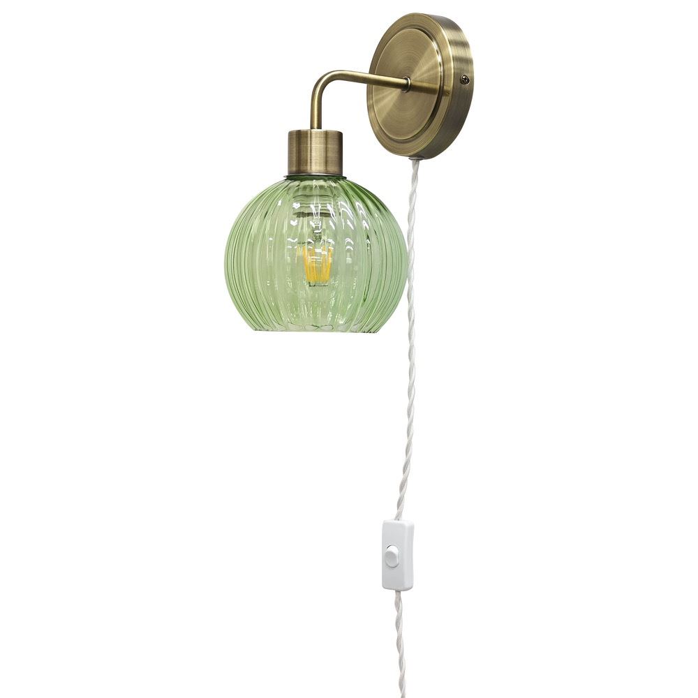 Modern Bedside Plug in Wall Light Reading Lamp with Green Ribbed Glass Shade - Picture 2 of 21