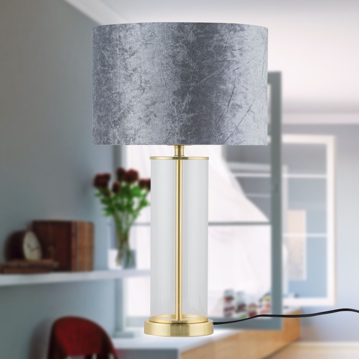 Satin Brass Table Lamp Bedside Light Crushed Velvet Modern Bedroom Home Lighting - Picture 24 of 25