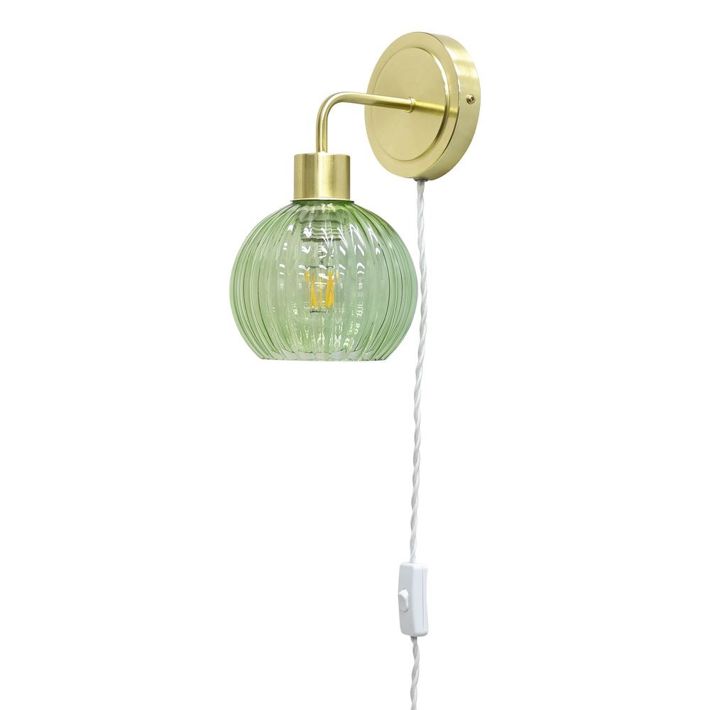 Modern Bedside Plug in Wall Light Reading Lamp with Green Ribbed Glass Shade - Picture 12 of 21