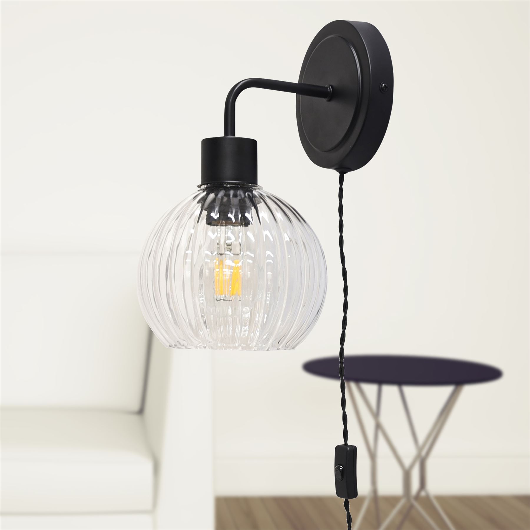 Modern Bedside Plug in Wall Light Reading Lamp with Clear Ribbed Glass Shade - Picture 10 of 21