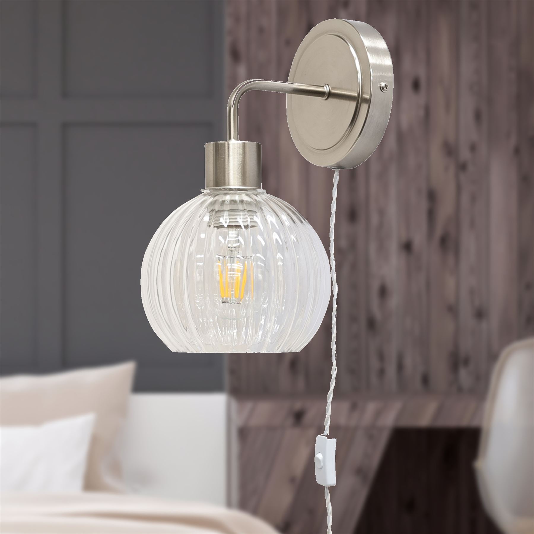 Antique Brass Bedside Plug in Wall Light Reading Lamp with Fluted Glass Shade - Picture 23 of 25