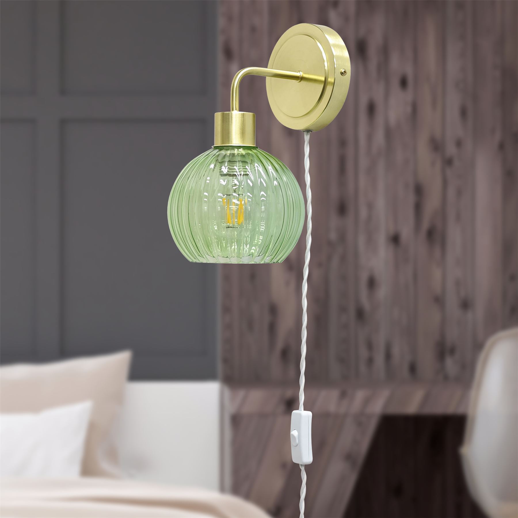 Modern Bedside Plug in Wall Light Reading Lamp with Green Ribbed Glass Shade - Picture 14 of 21
