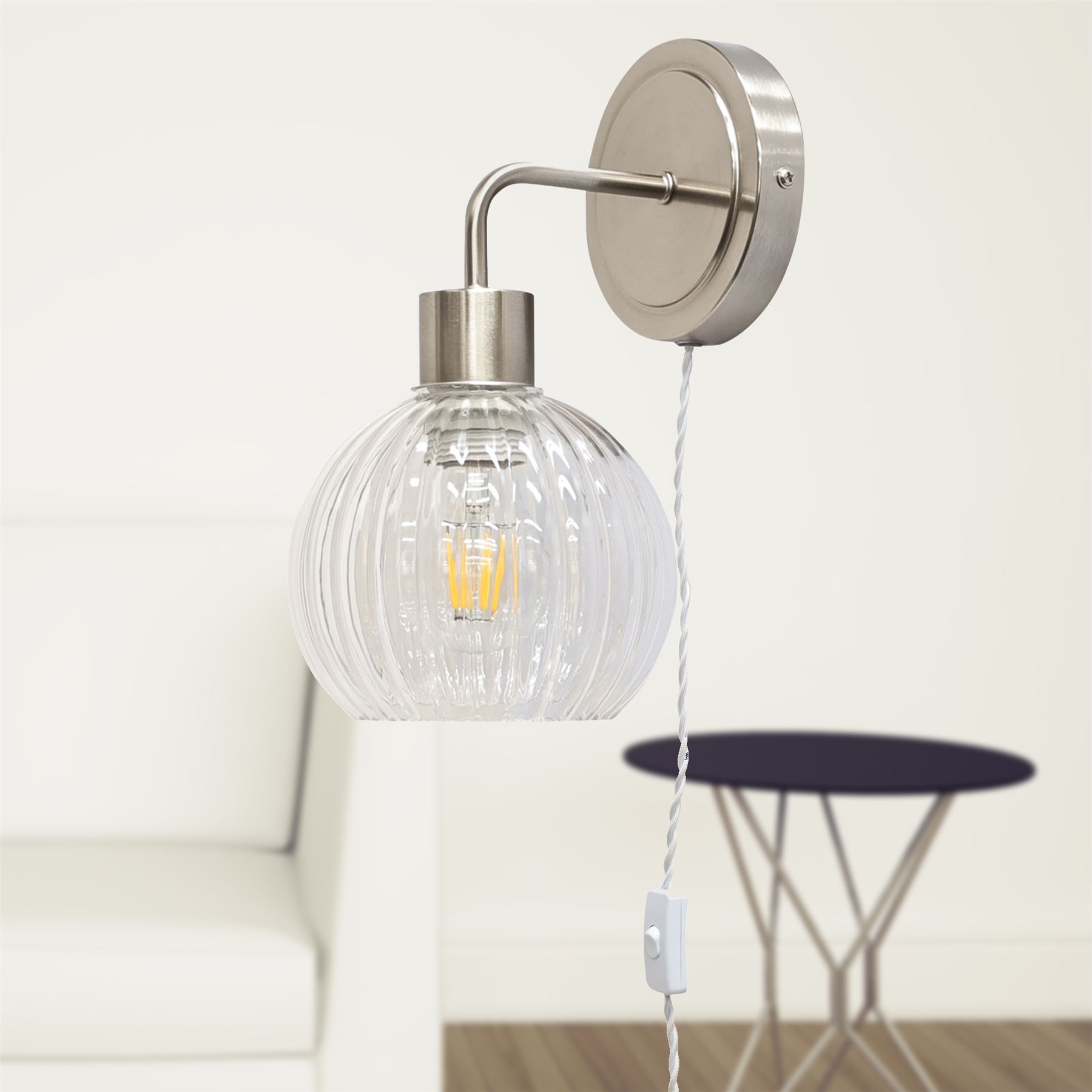 Modern Bedside Plug in Wall Light Reading Lamp with Clear Ribbed Glass Shade - Picture 20 of 21
