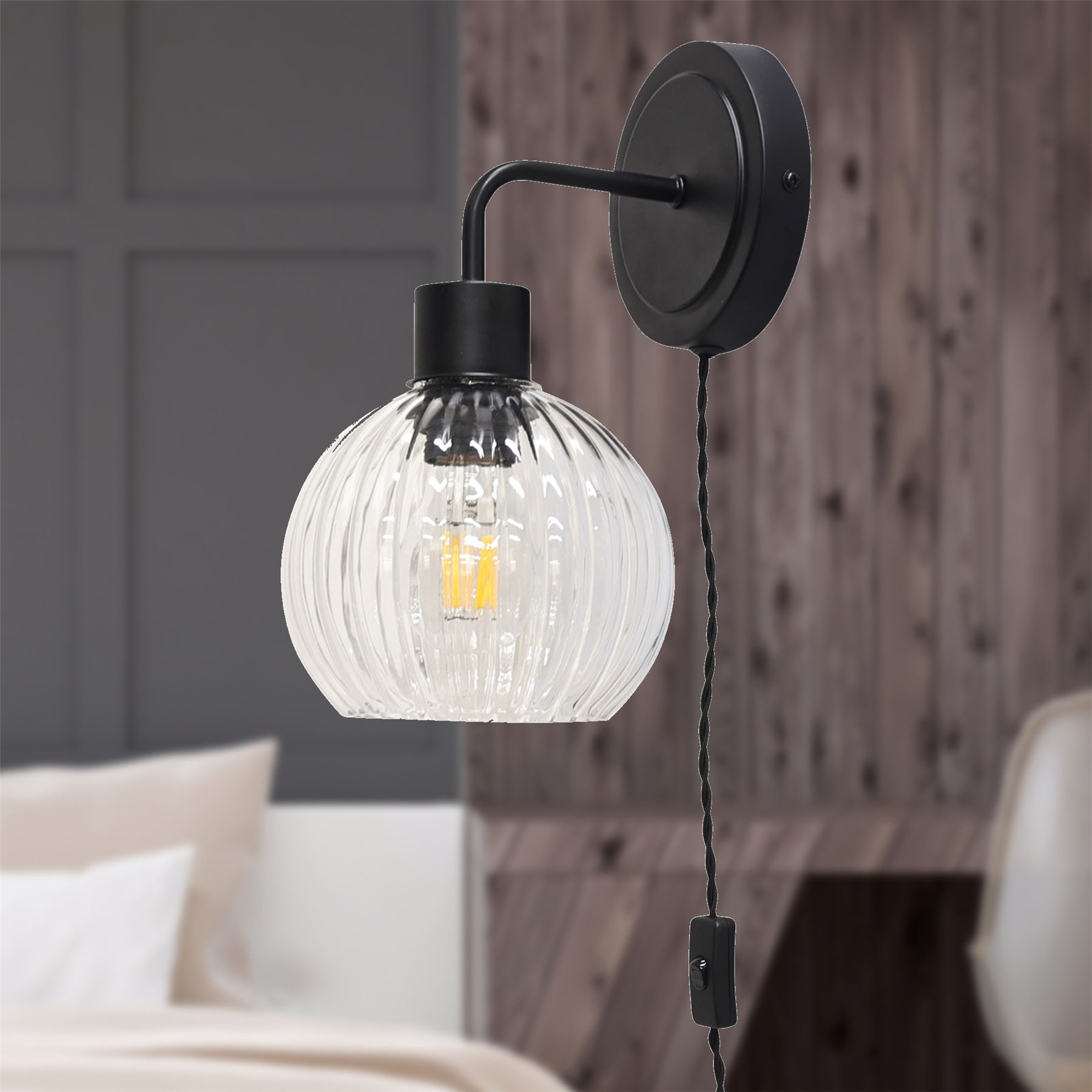 Modern Bedside Plug in Wall Light Reading Lamp with Clear Ribbed Glass Shade - Picture 9 of 21