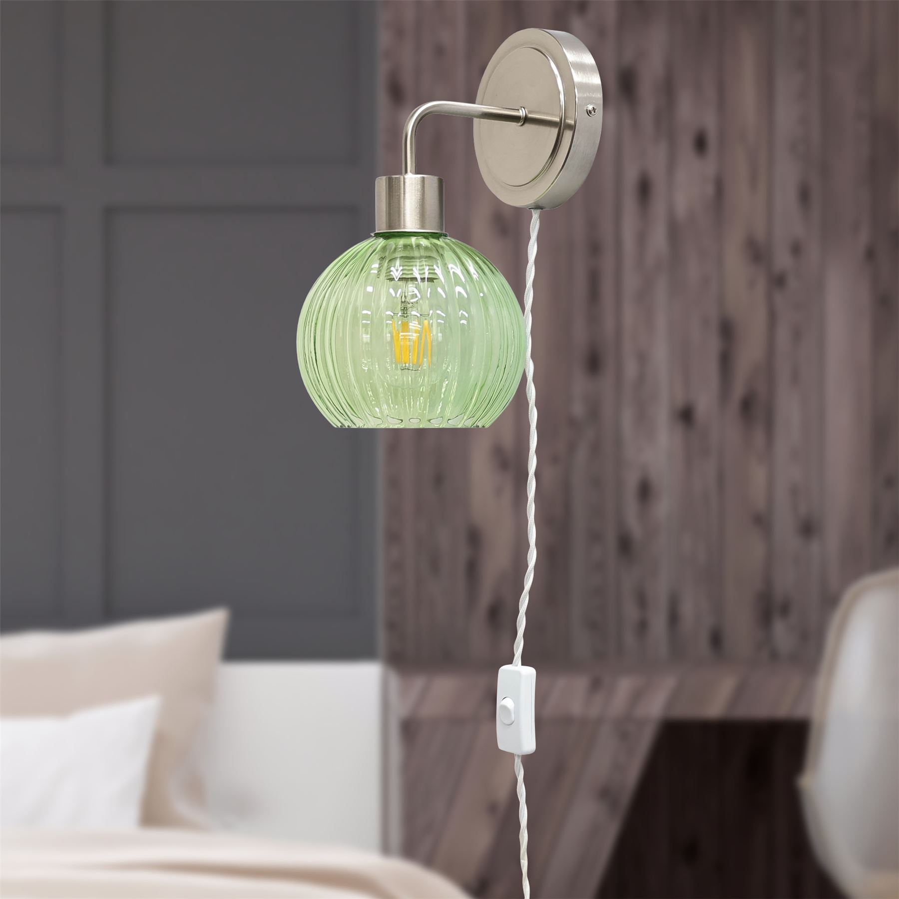 Modern Bedside Plug in Wall Light Reading Lamp with Green Ribbed Glass Shade - Picture 19 of 21